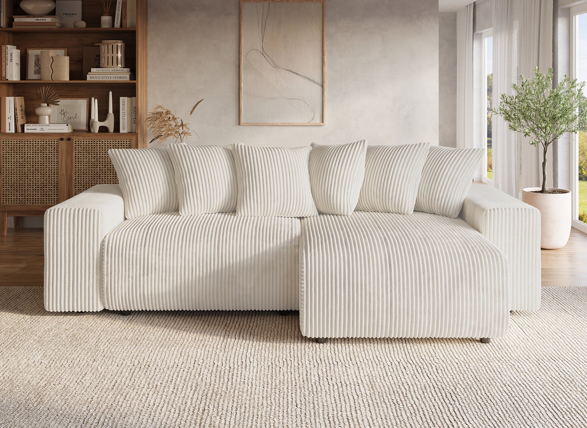 NOELIA, umwandelbares Ecksofa mit Stauraum aus dickem, beigem Cord