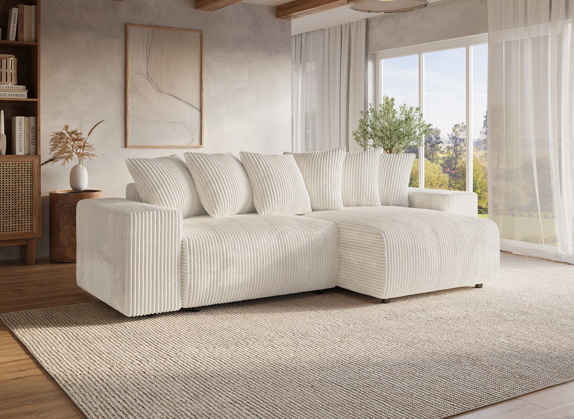 NOELIA, umwandelbares Ecksofa mit Stauraum aus dickem, beigem Cord