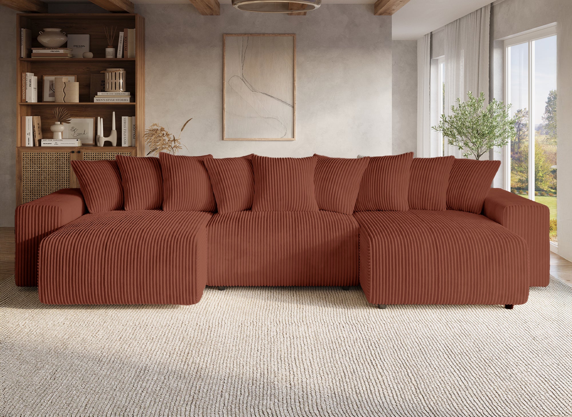 NOELIA wendbares Panorama-Schlafsofa mit Stauraum aus dickem Terrakotta-Cord