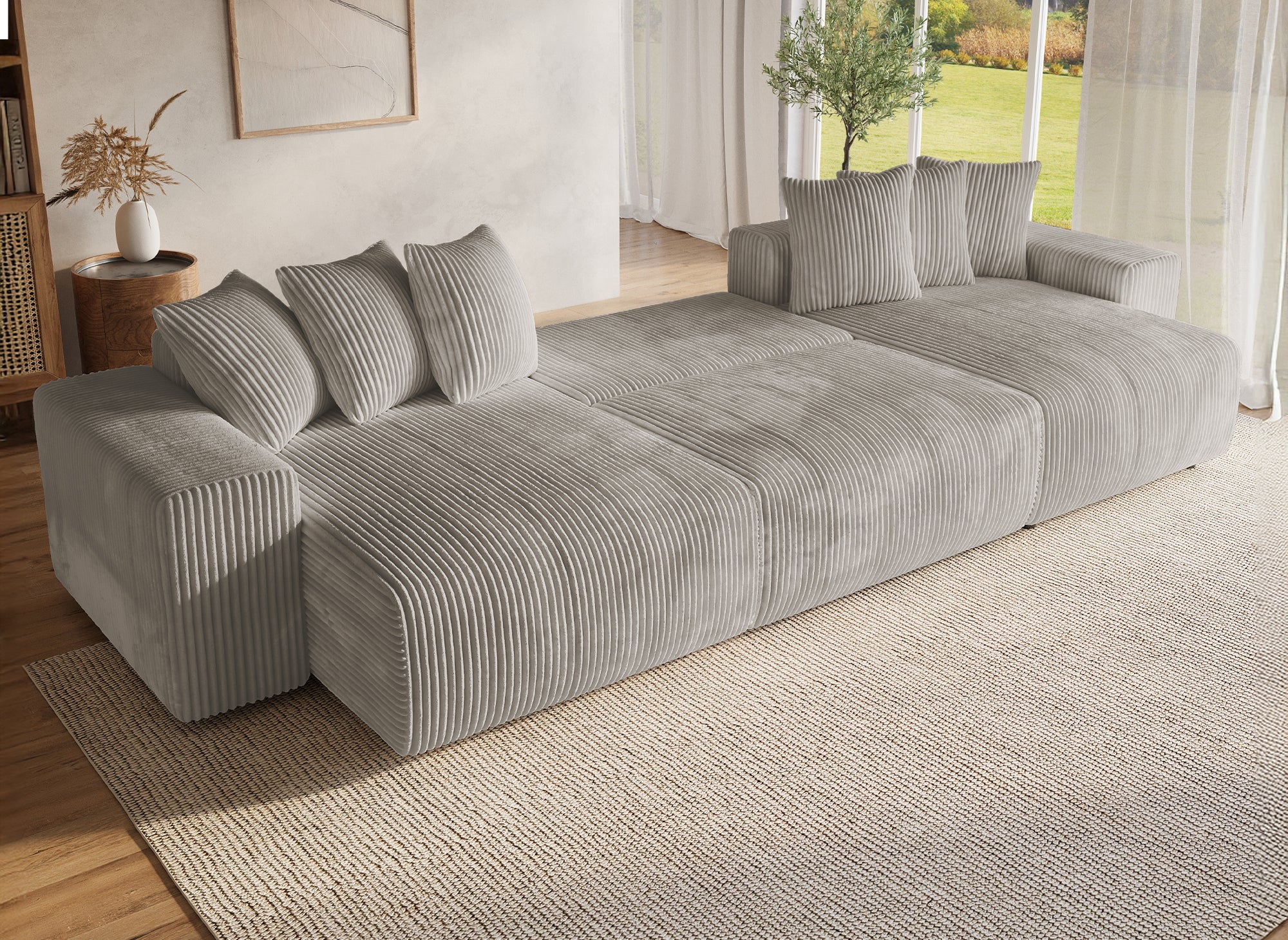 NOELIA wendbares Panorama-Schlafsofa mit Stauraum aus dickem Taupe-Cord