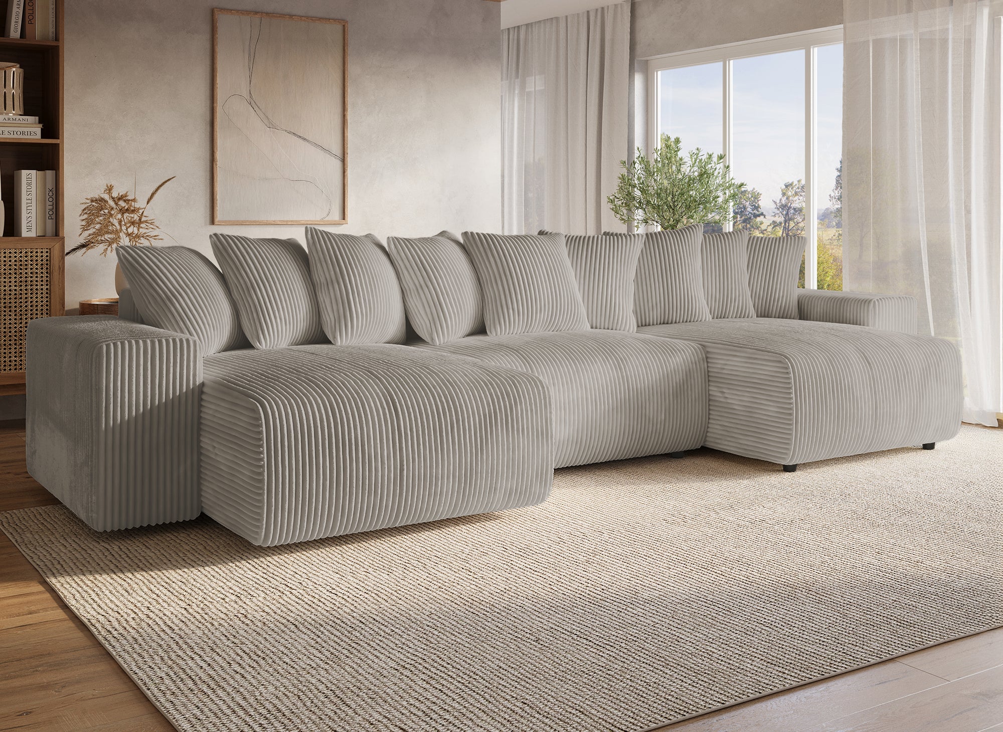 NOELIA wendbares Panorama-Schlafsofa mit Stauraum aus dickem Taupe-Cord