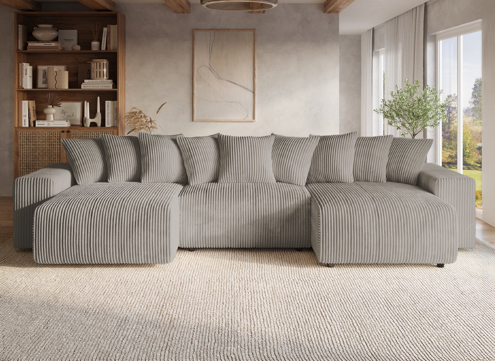NOELIA wendbares Panorama-Schlafsofa mit Stauraum aus dickem Taupe-Cord