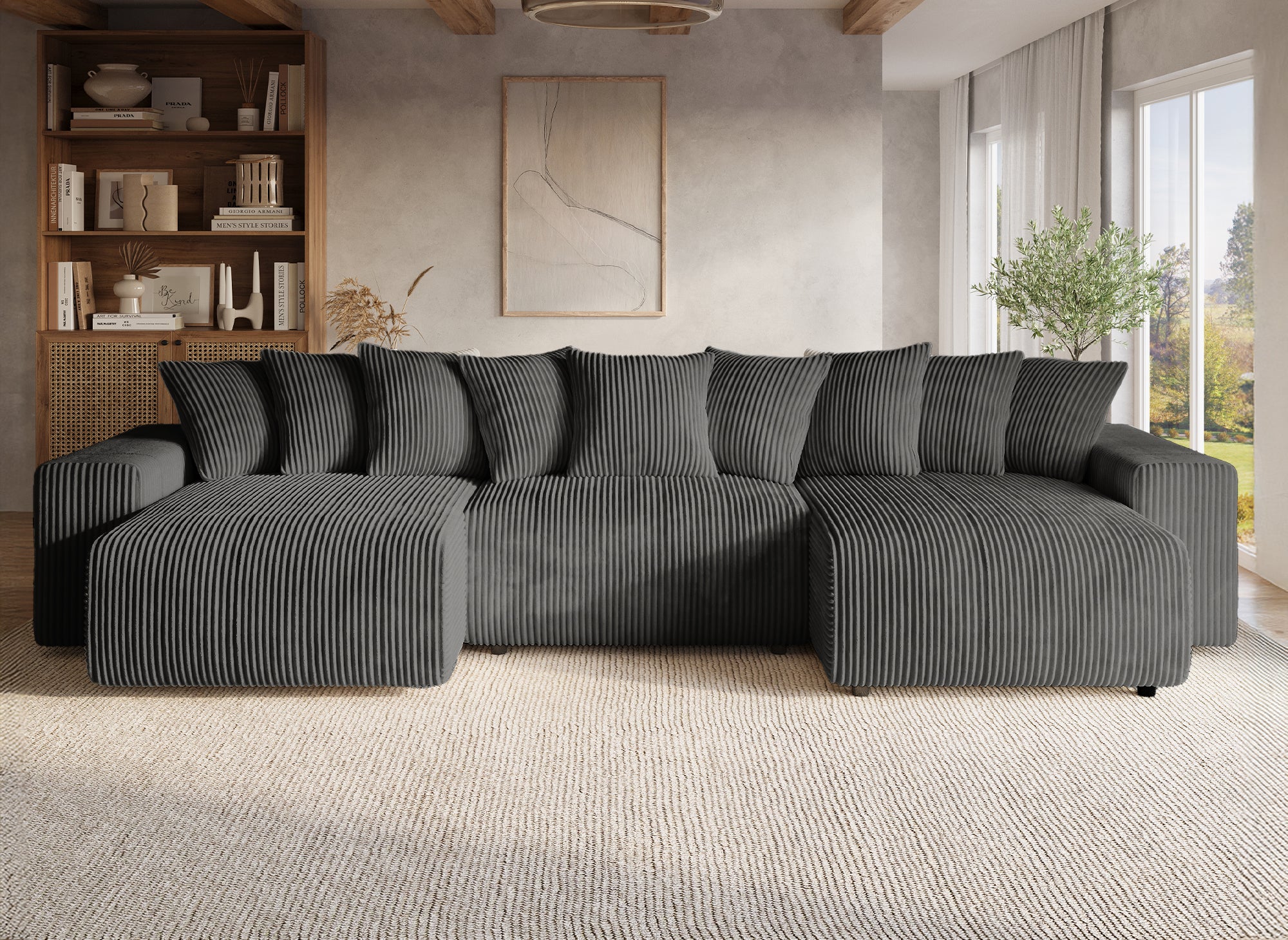 NOELIA wendbares Panorama-Schlafsofa mit Stauraum aus dickem grauem Cord