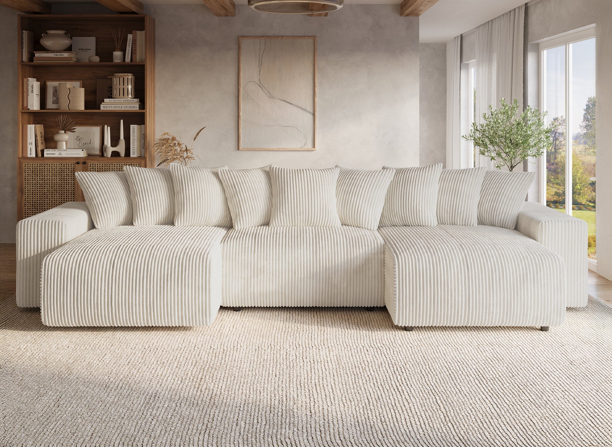 NOELIA wendbares Panorama-Schlafsofa mit Stauraum aus dickem, beigem Cord