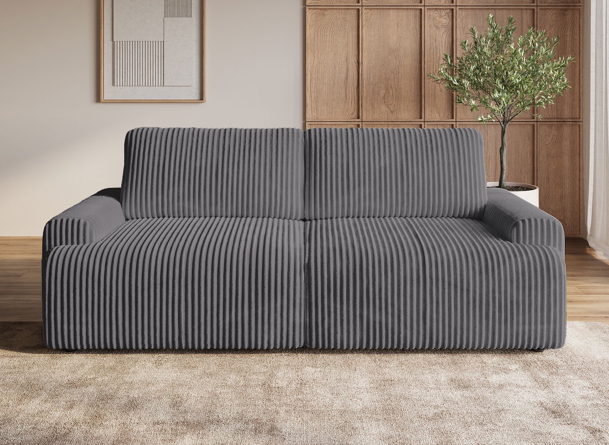 MILO, graues, dickes Cord-Sofa mit Stauraum
