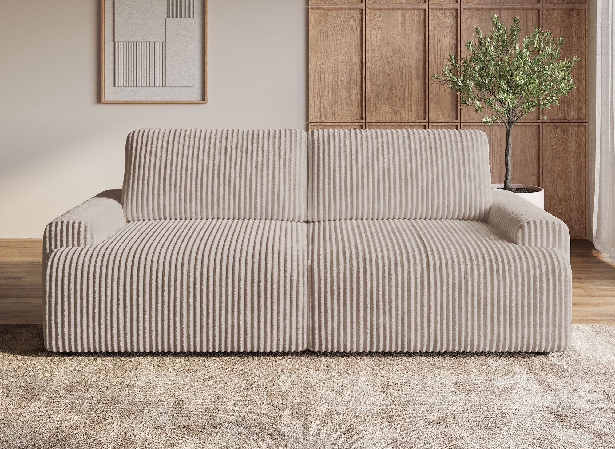 MILO Taupe dickes Cord-Schlafsofa mit Stauraum