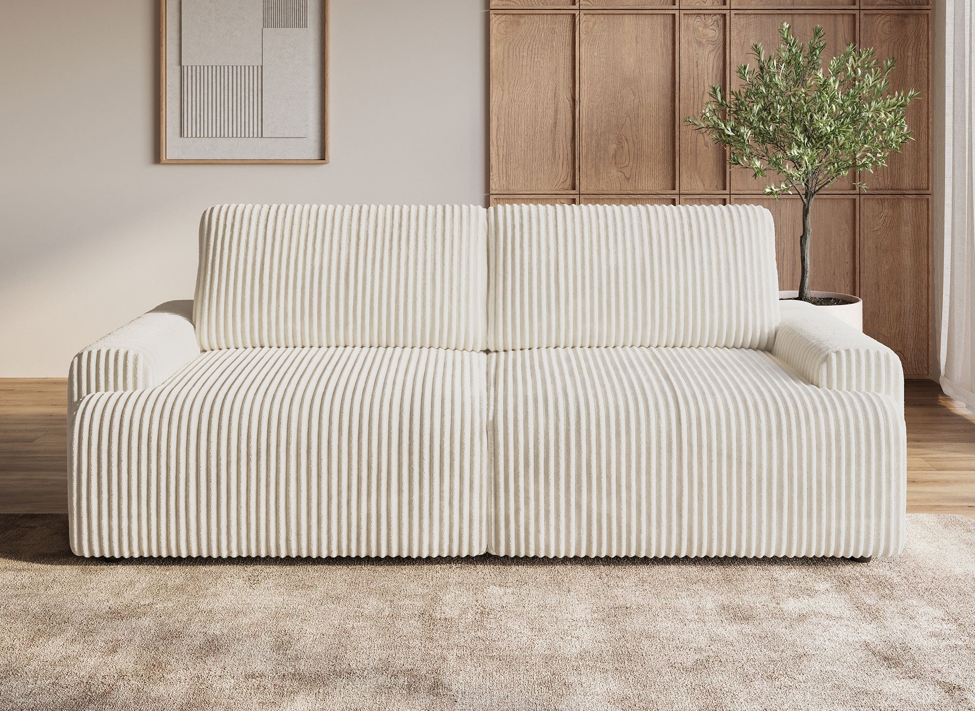 MILO beiges, dickes Cord-Schlafsofa mit Stauraum
