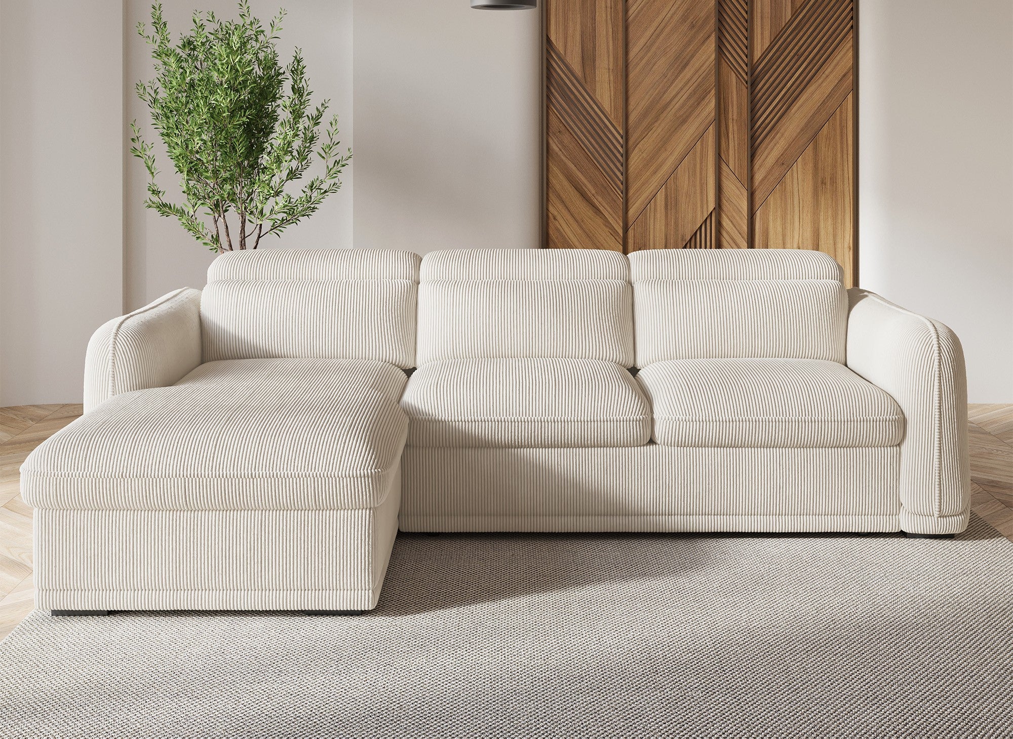 PETUNIA Ecksofa mit Bettfunktion und Stauraum aus dickem, beigem Cord – Linke Ecke