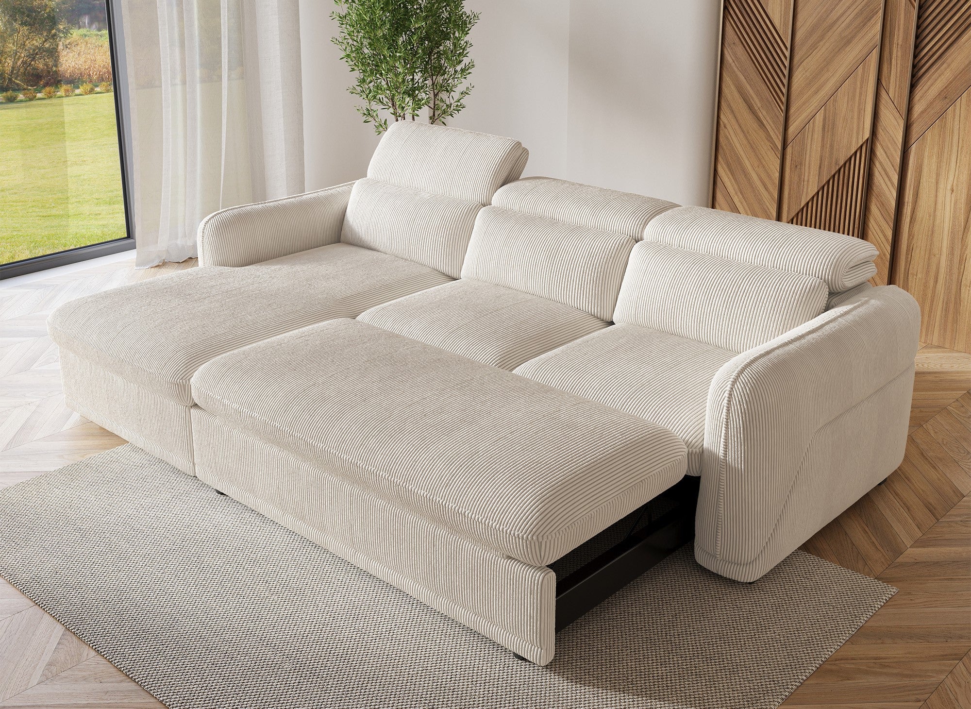 PETUNIA Ecksofa mit Bettfunktion und Stauraum aus dickem, beigem Cord – Linke Ecke