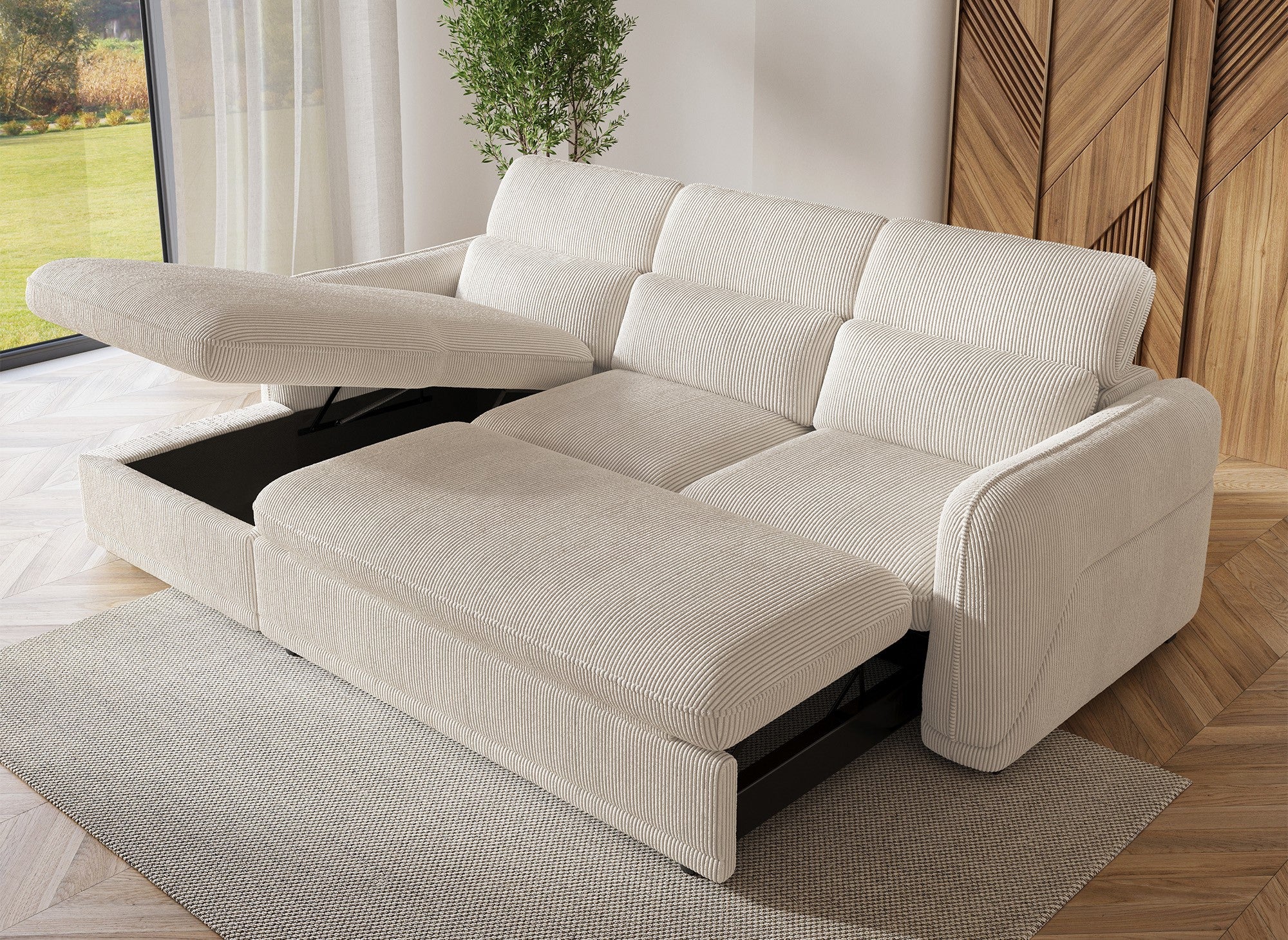 PETUNIA Ecksofa mit Bettfunktion und Stauraum aus dickem, beigem Cord – Linke Ecke
