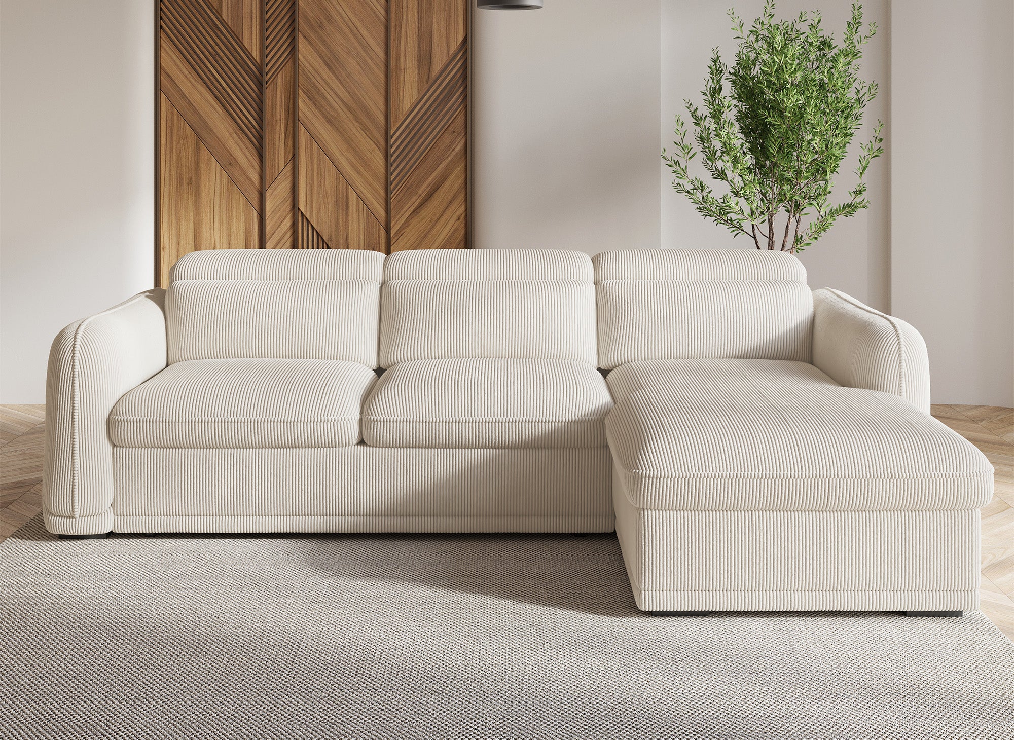 PETUNIA Ecksofa mit Stauraum aus dickem, beigefarbenem Cord – rechte Ecke