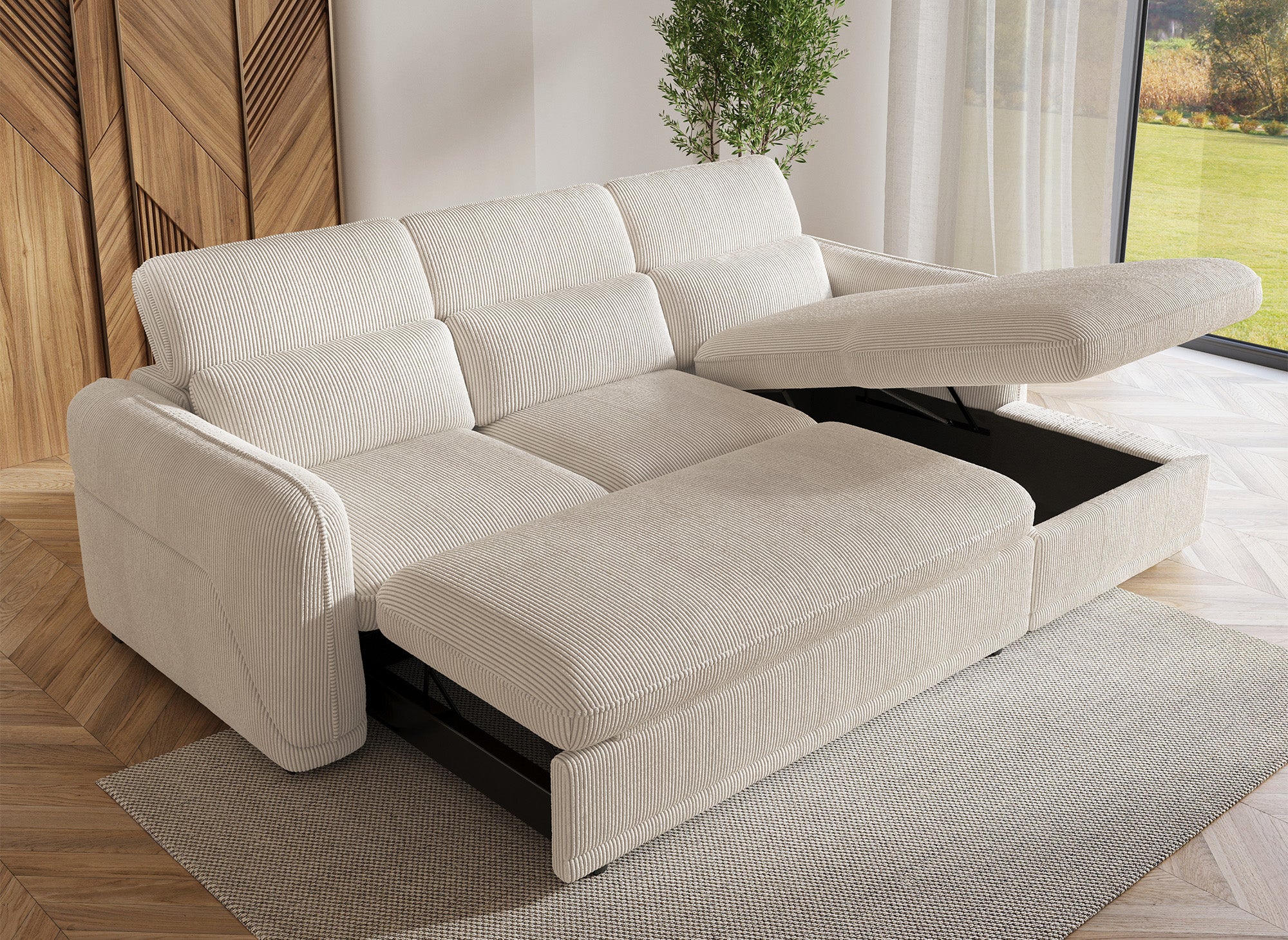 PETUNIA Ecksofa mit Stauraum aus dickem, beigefarbenem Cord – rechte Ecke