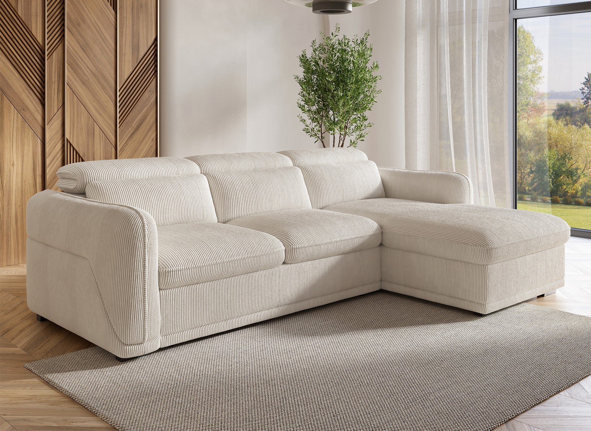 PETUNIA Ecksofa mit Stauraum aus dickem, beigefarbenem Cord – rechte Ecke