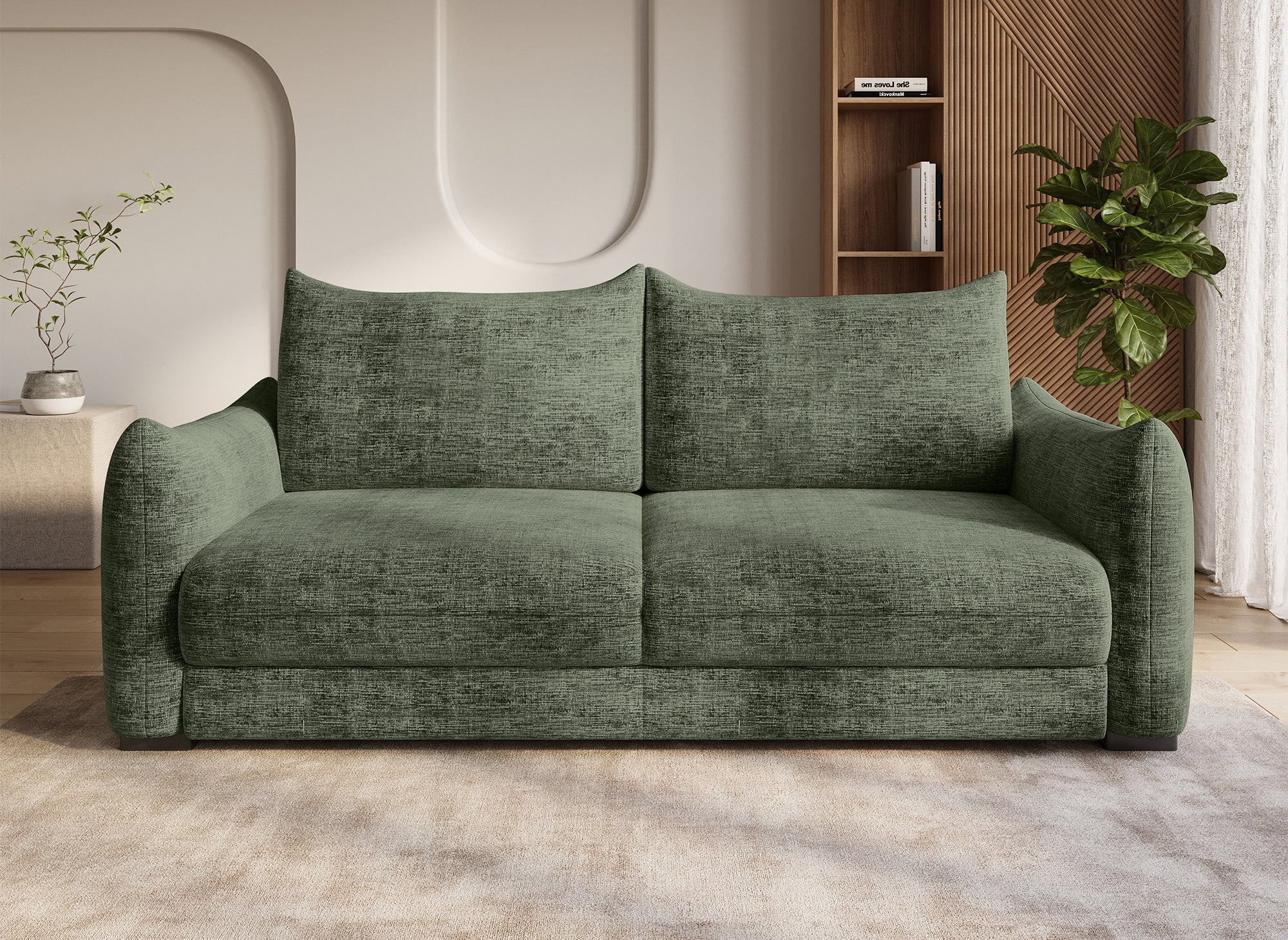 COLBY 3-Sitzer-Schlafsofa mit Stauraum aus khakifarbenem, meliertem Samt