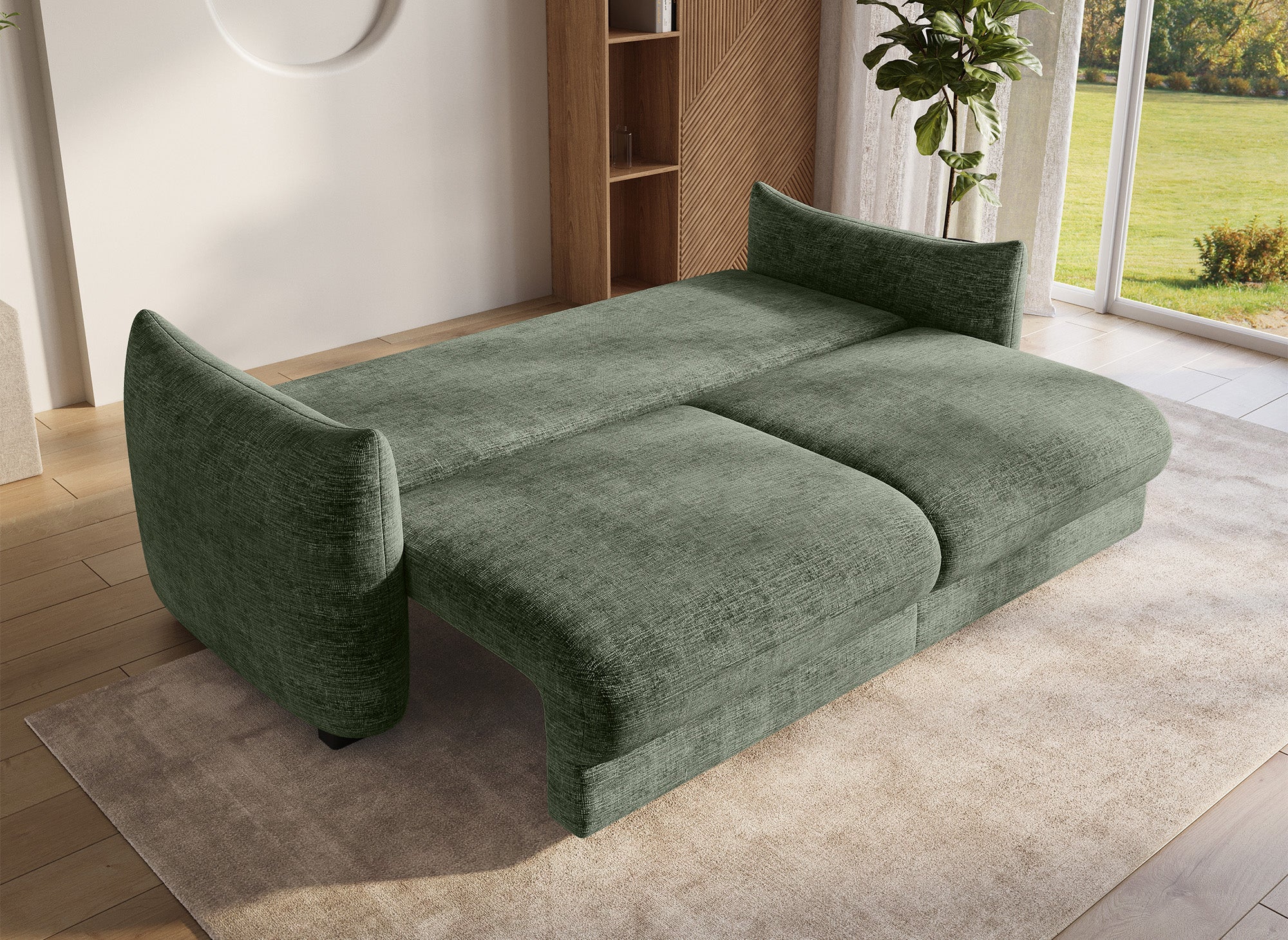 COLBY 3-Sitzer-Schlafsofa mit Stauraum aus khakifarbenem, meliertem Samt