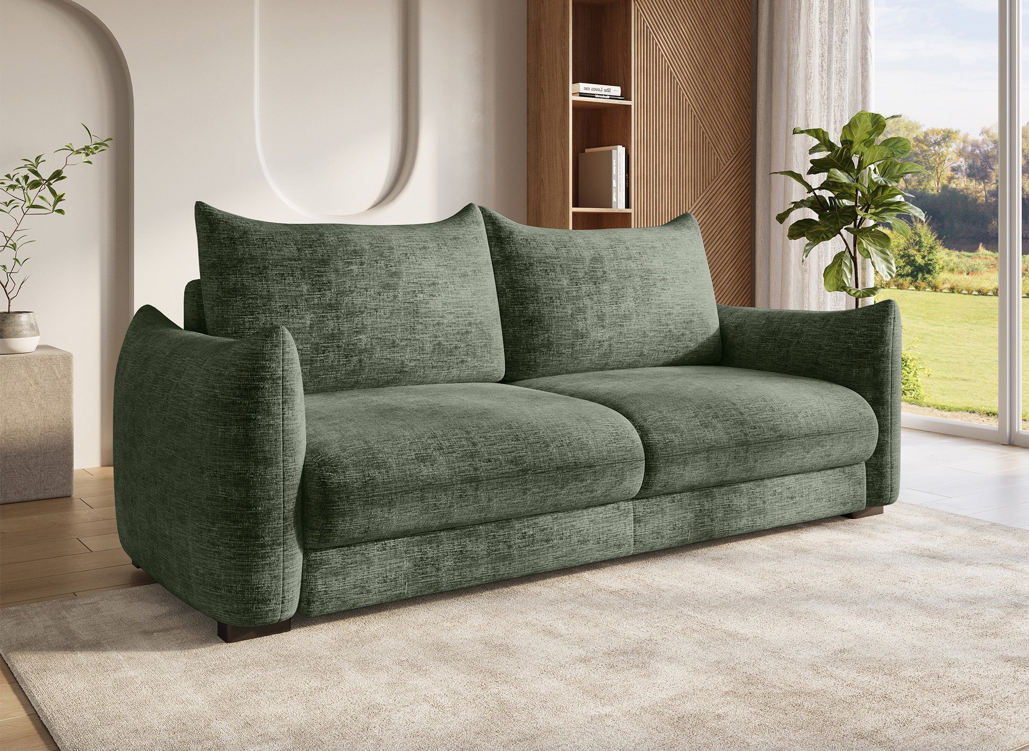 COLBY 3-Sitzer-Schlafsofa mit Stauraum aus khakifarbenem, meliertem Samt