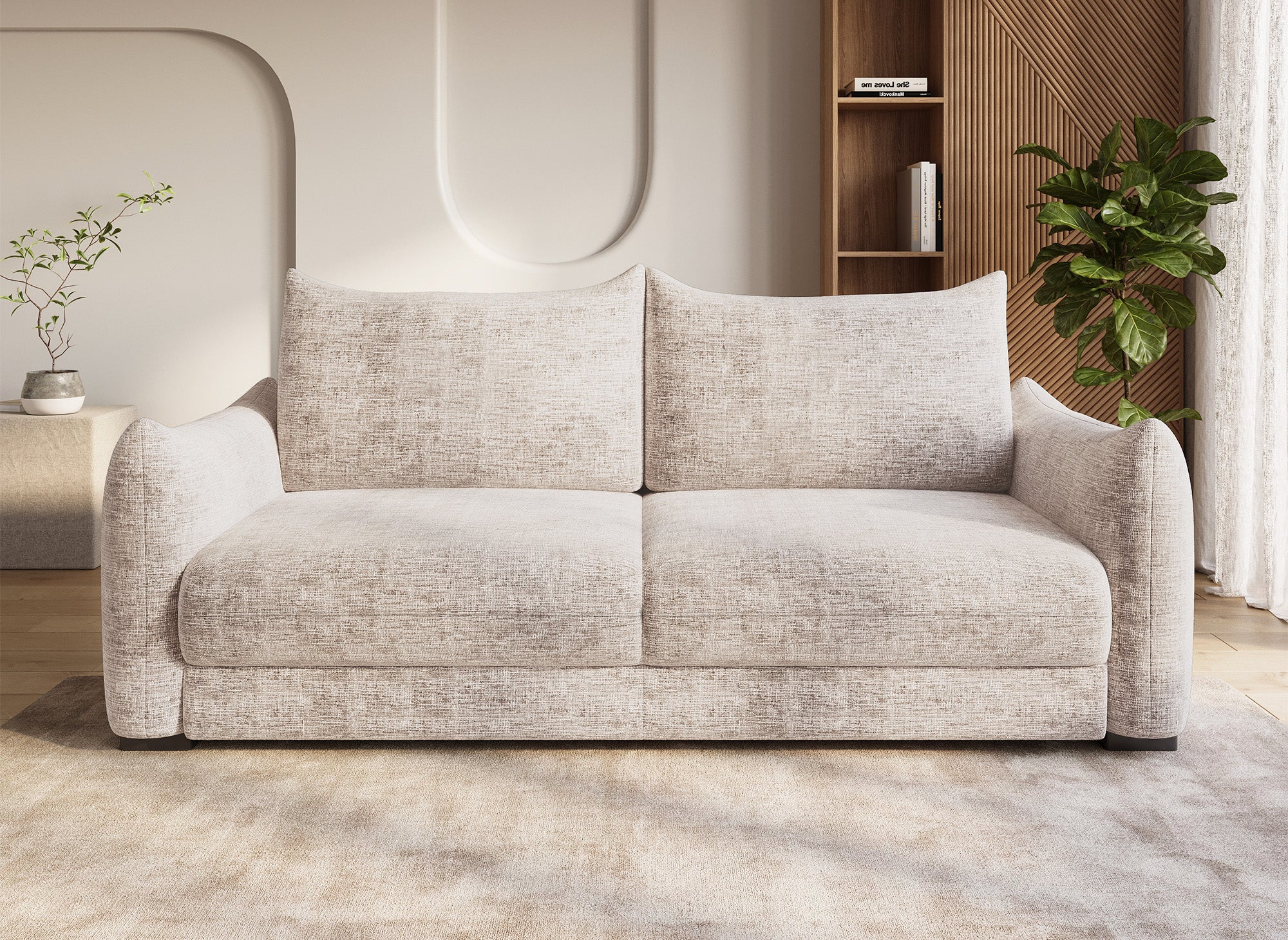 COLBY 3-Sitzer-Schlafsofa mit Stauraum aus beige meliertem Samt