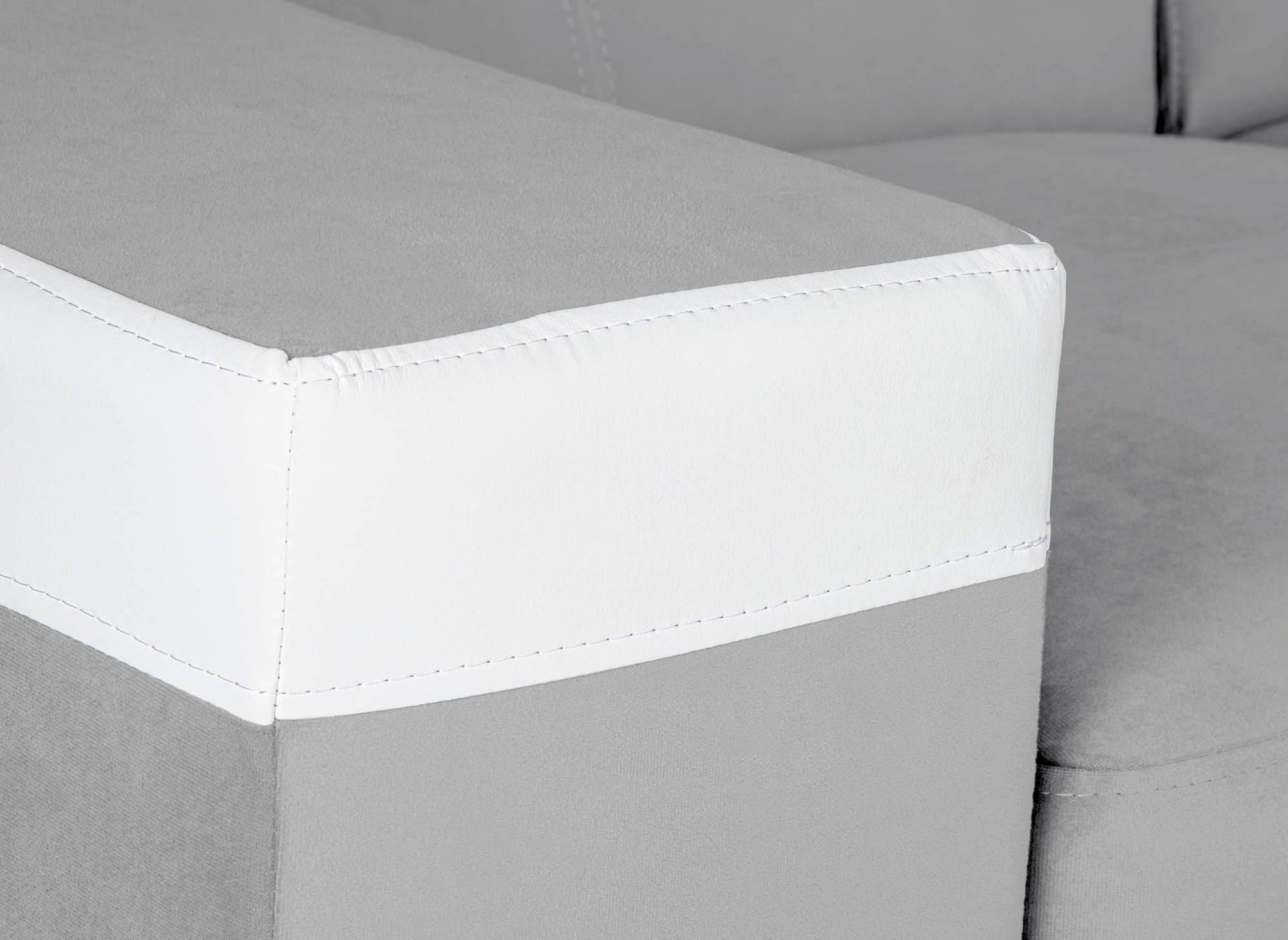 LEONIE Wende-Ecksofa aus hellgrauem Samt und weißem Kunstleder