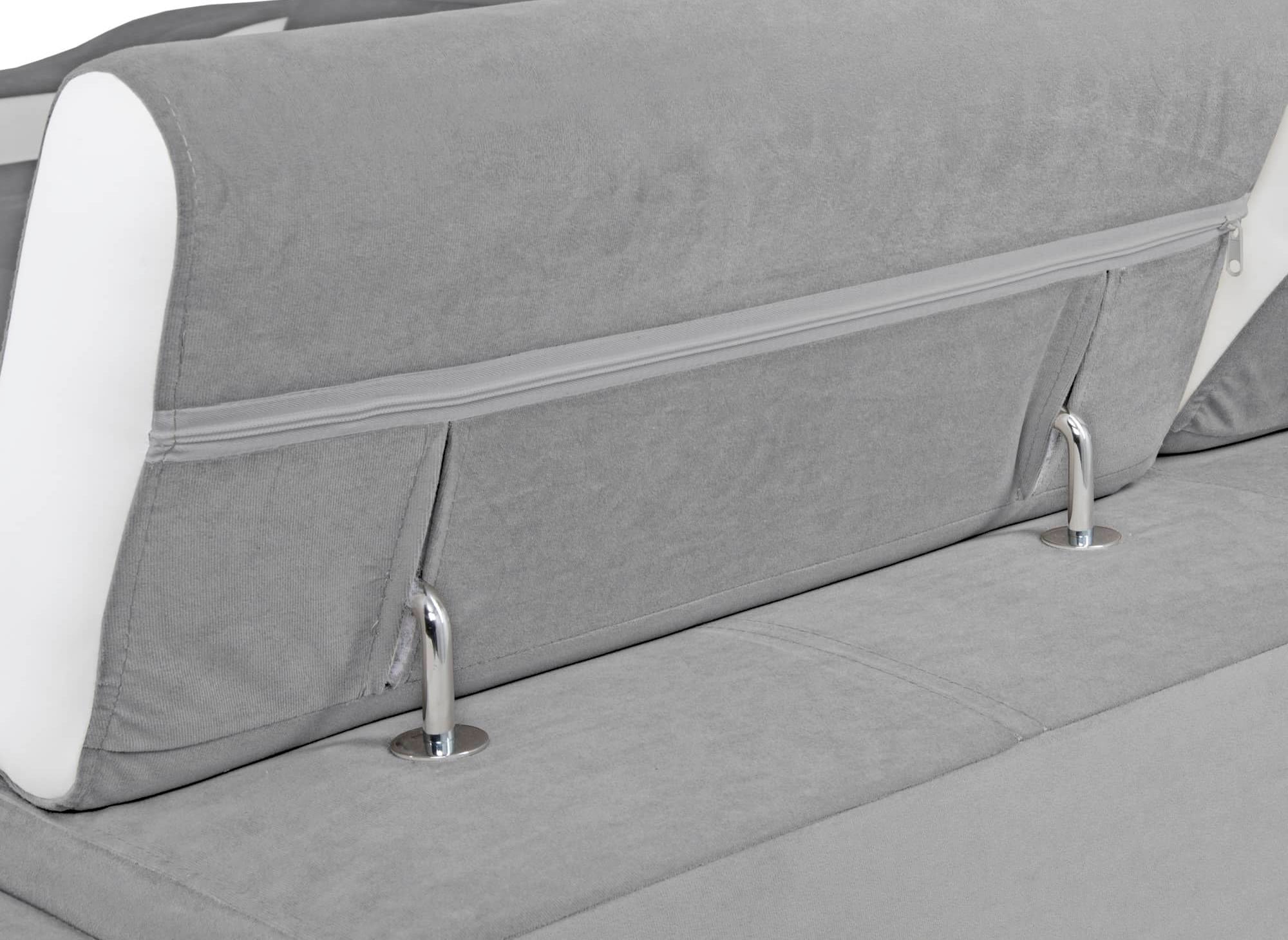 LEONIE Wende-Ecksofa aus hellgrauem Samt und weißem Kunstleder