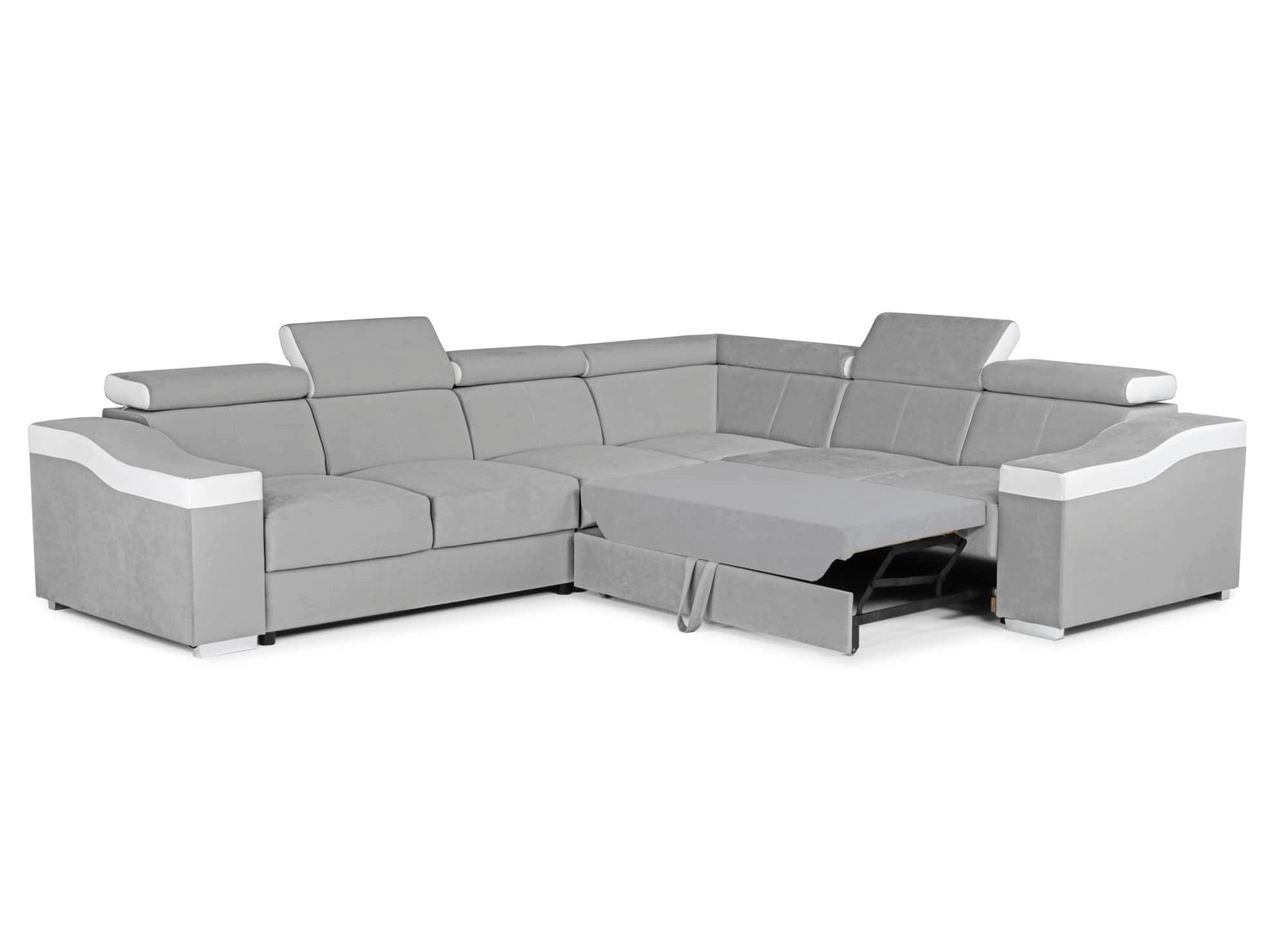 LEONIE Wende-Ecksofa aus hellgrauem Samt und weißem Kunstleder