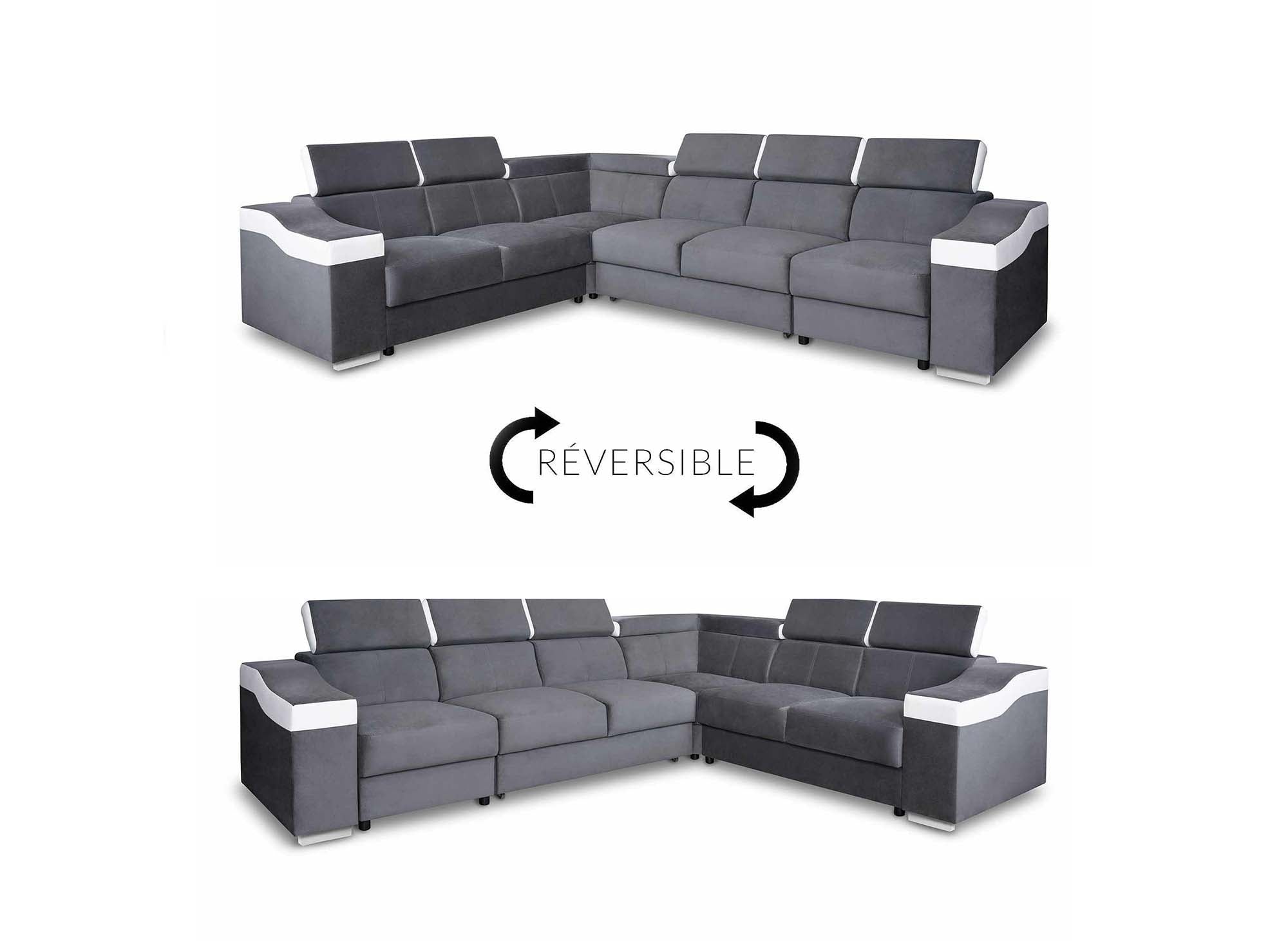 LEONIE Wende-Ecksofa aus grauem Samt und weißem Kunstleder