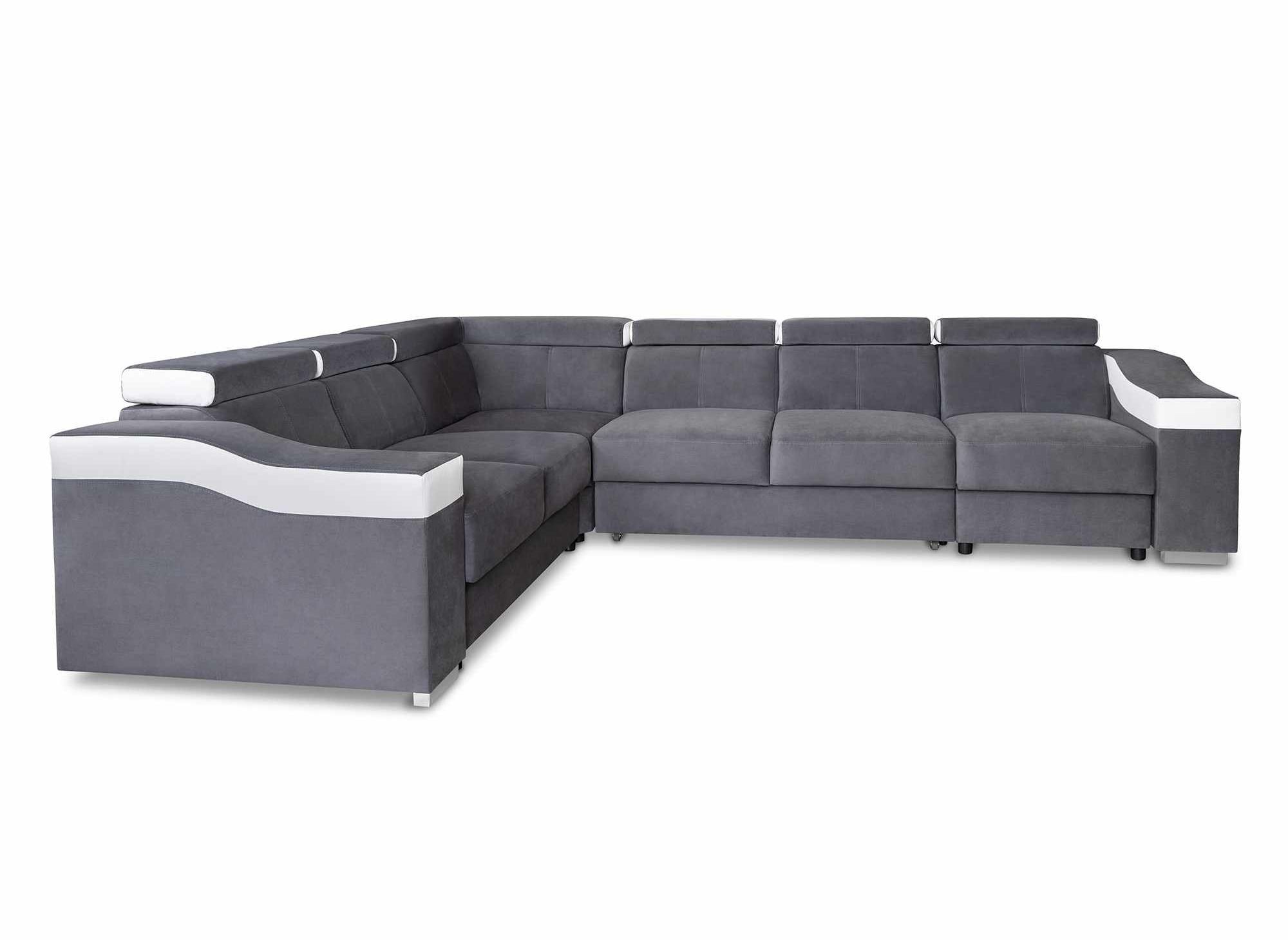 LEONIE Wende-Ecksofa aus grauem Samt und weißem Kunstleder
