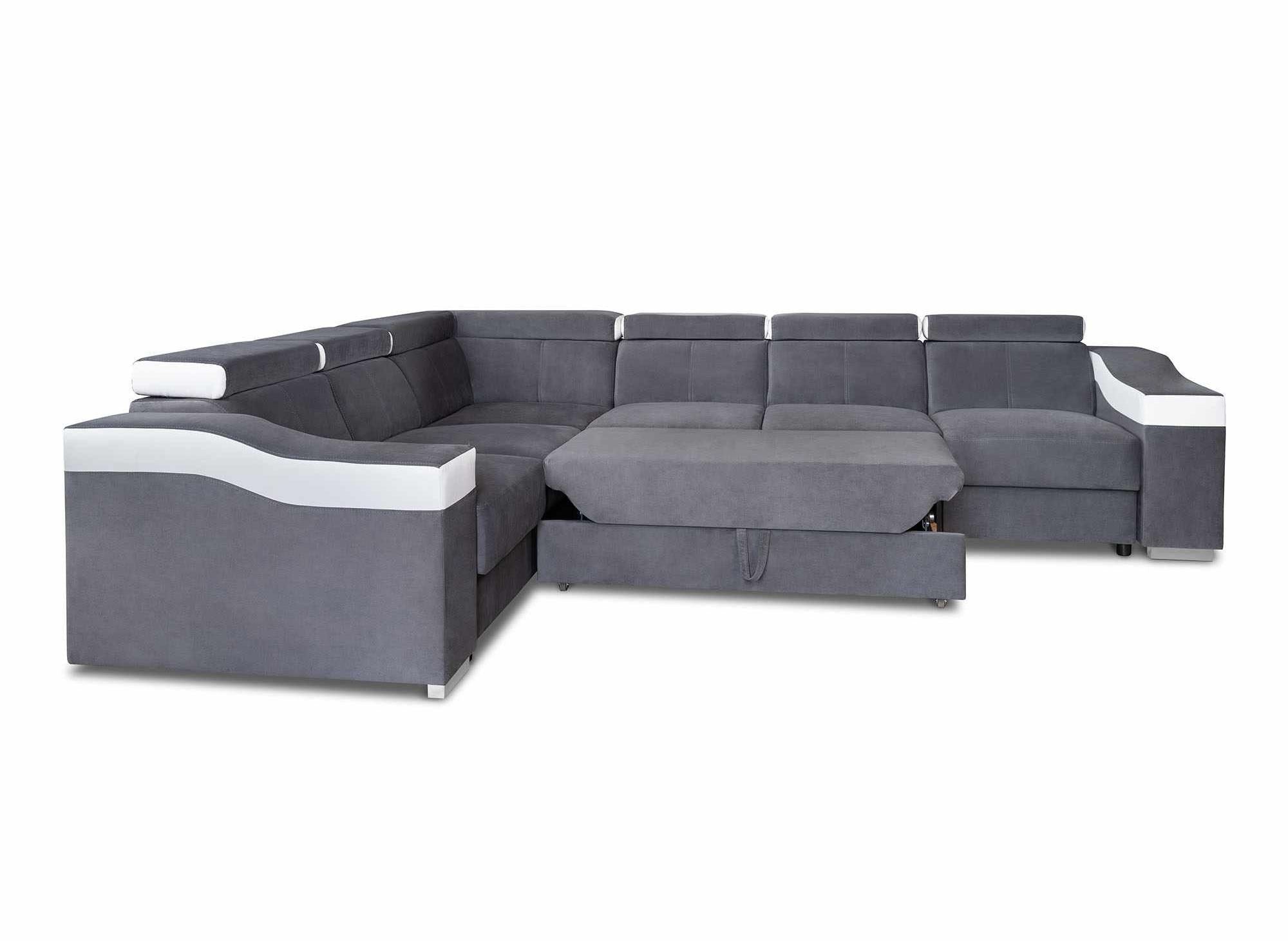 LEONIE Wende-Ecksofa aus grauem Samt und weißem Kunstleder