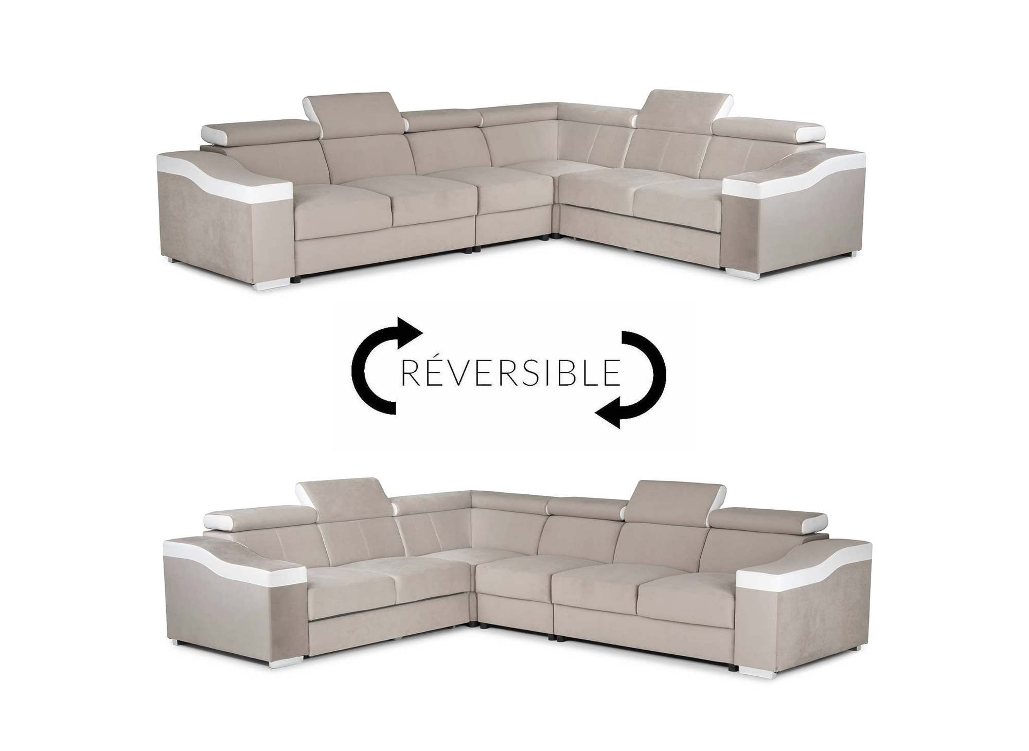LEONIE Wende-Ecksofa aus beigem Samt und weißem Kunstleder