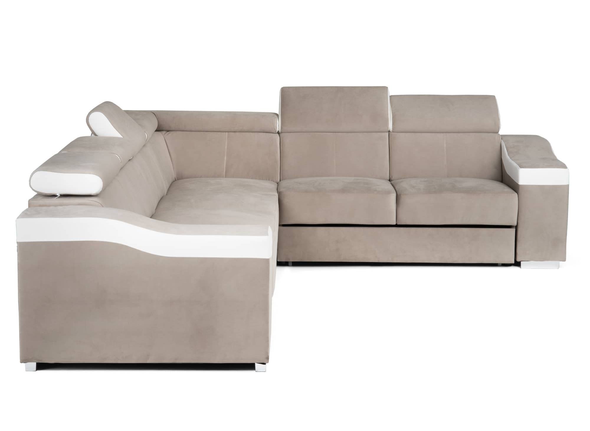 LEONIE Wende-Ecksofa aus beigem Samt und weißem Kunstleder