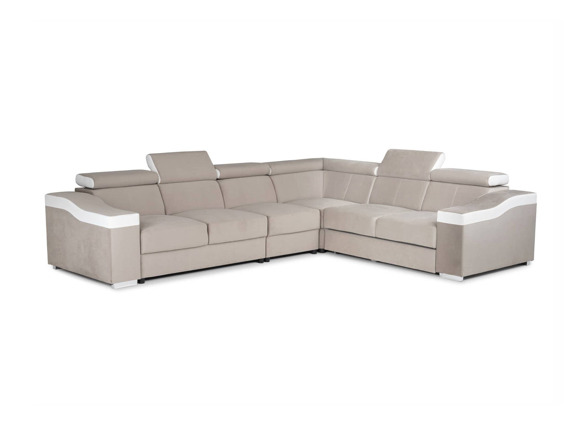 LEONIE Wende-Ecksofa aus beigem Samt und weißem Kunstleder