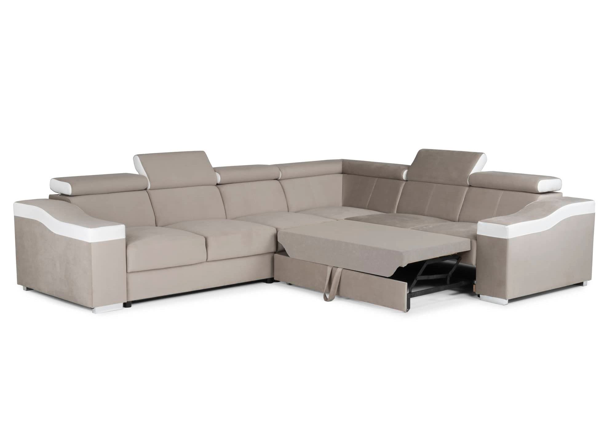 LEONIE Wende-Ecksofa aus beigem Samt und weißem Kunstleder