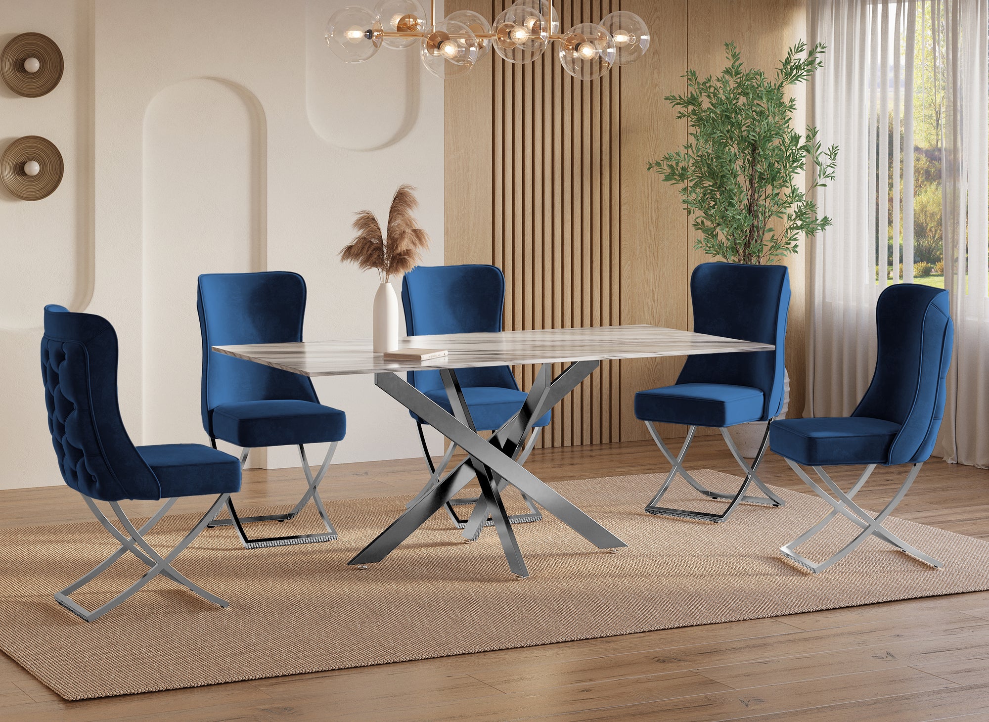 2er-Set Stühle aus blauem Samt mit silbernen Metallbeinen ETHAN