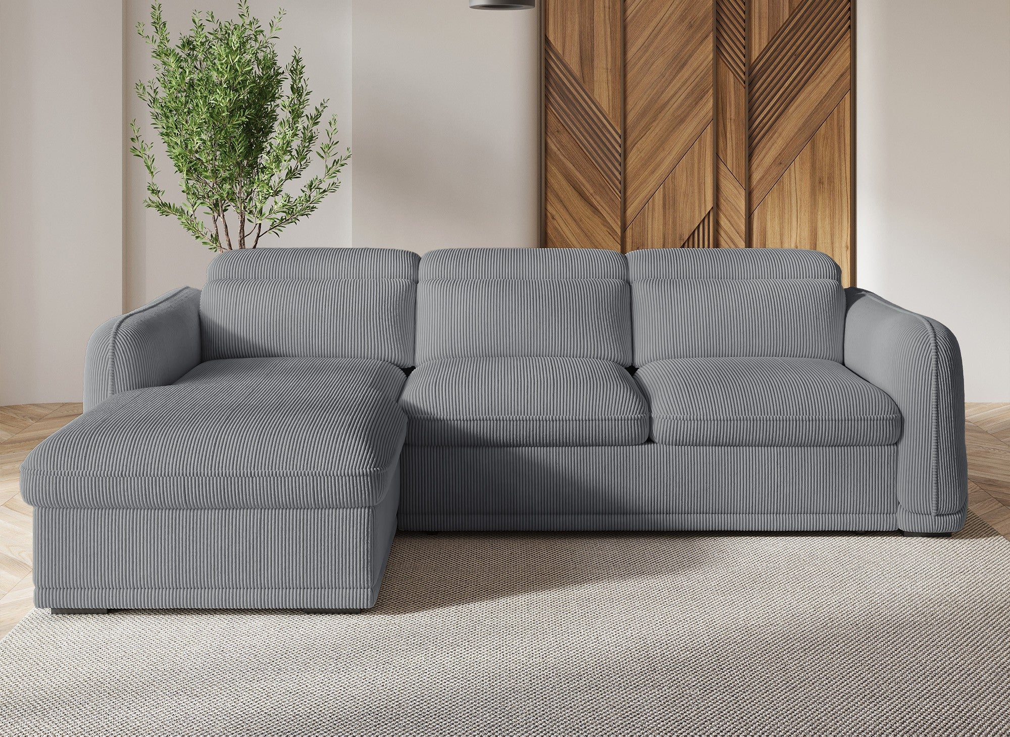 Ecksofa links mit Bettkasten aus dickem grauem Cord PETUNIA - Ecke links