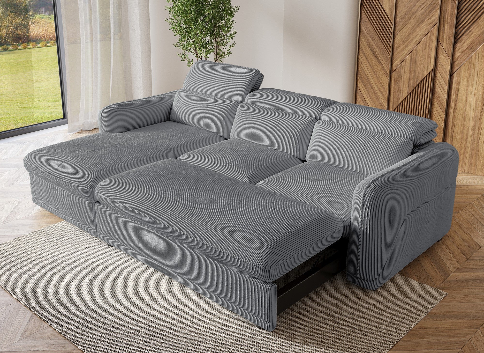 Ecksofa links mit Bettkasten aus dickem grauem Cord PETUNIA - Ecke links
