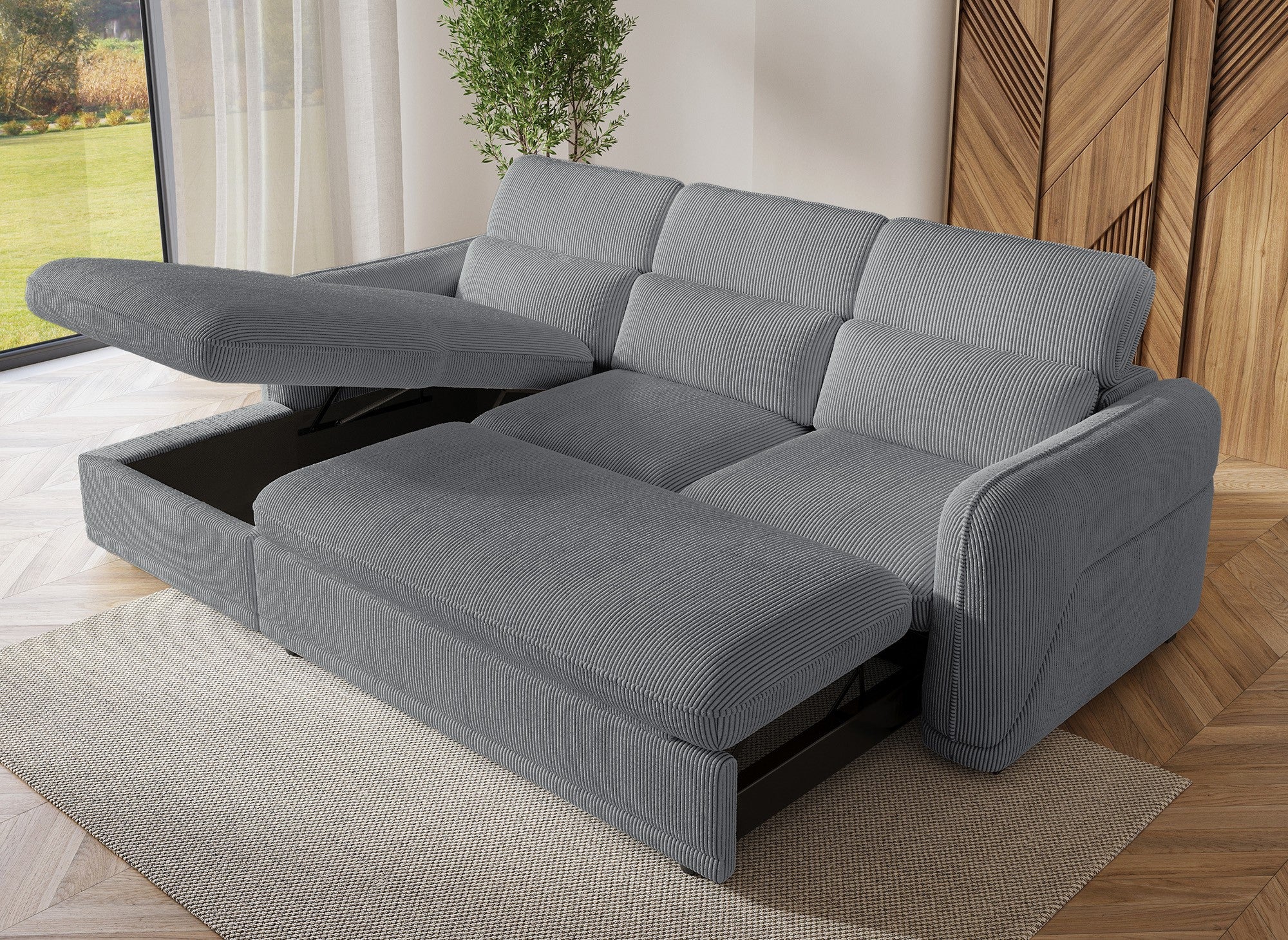 Ecksofa links mit Bettkasten aus dickem grauem Cord PETUNIA - Ecke links