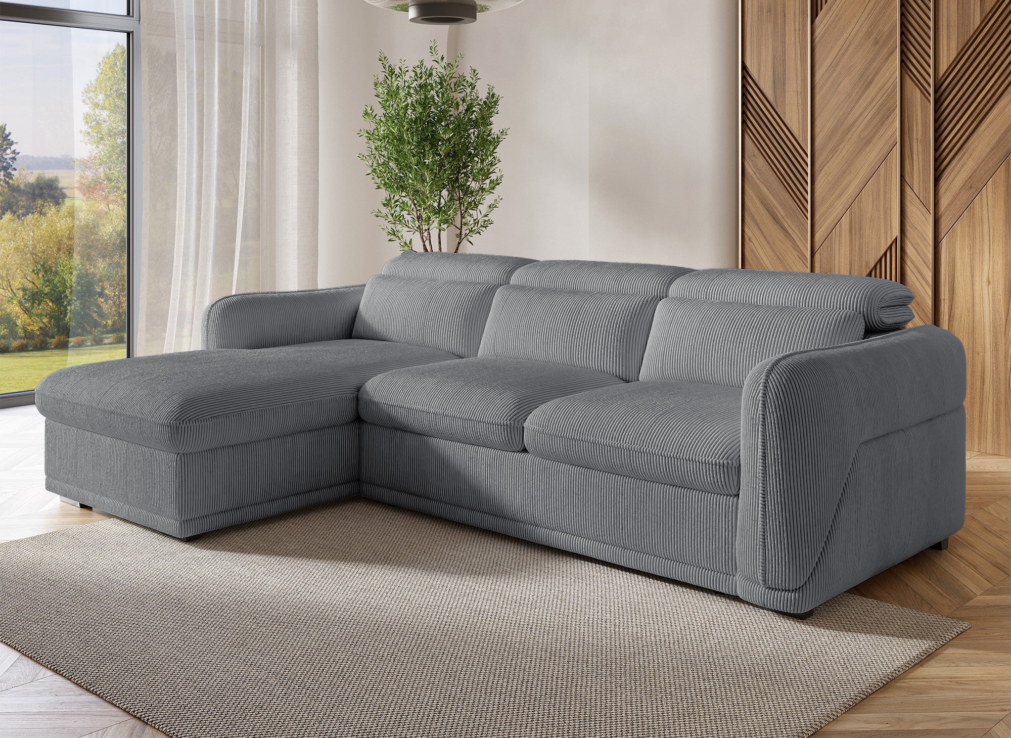 Ecksofa links mit Bettkasten aus dickem grauem Cord PETUNIA - Ecke links