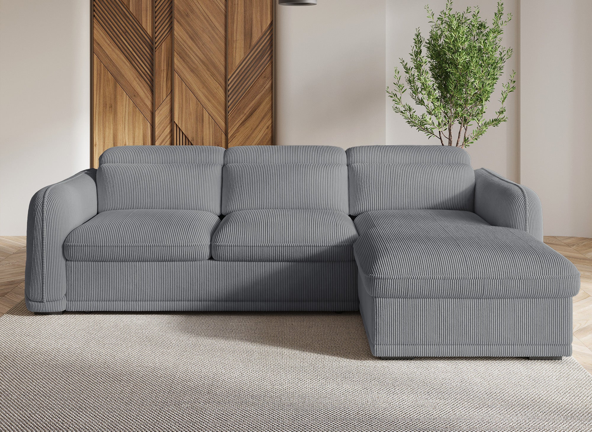 PETUNIA Eckschlafsofa mit Stauraum aus dickem, grauem Cord – rechte Ecke