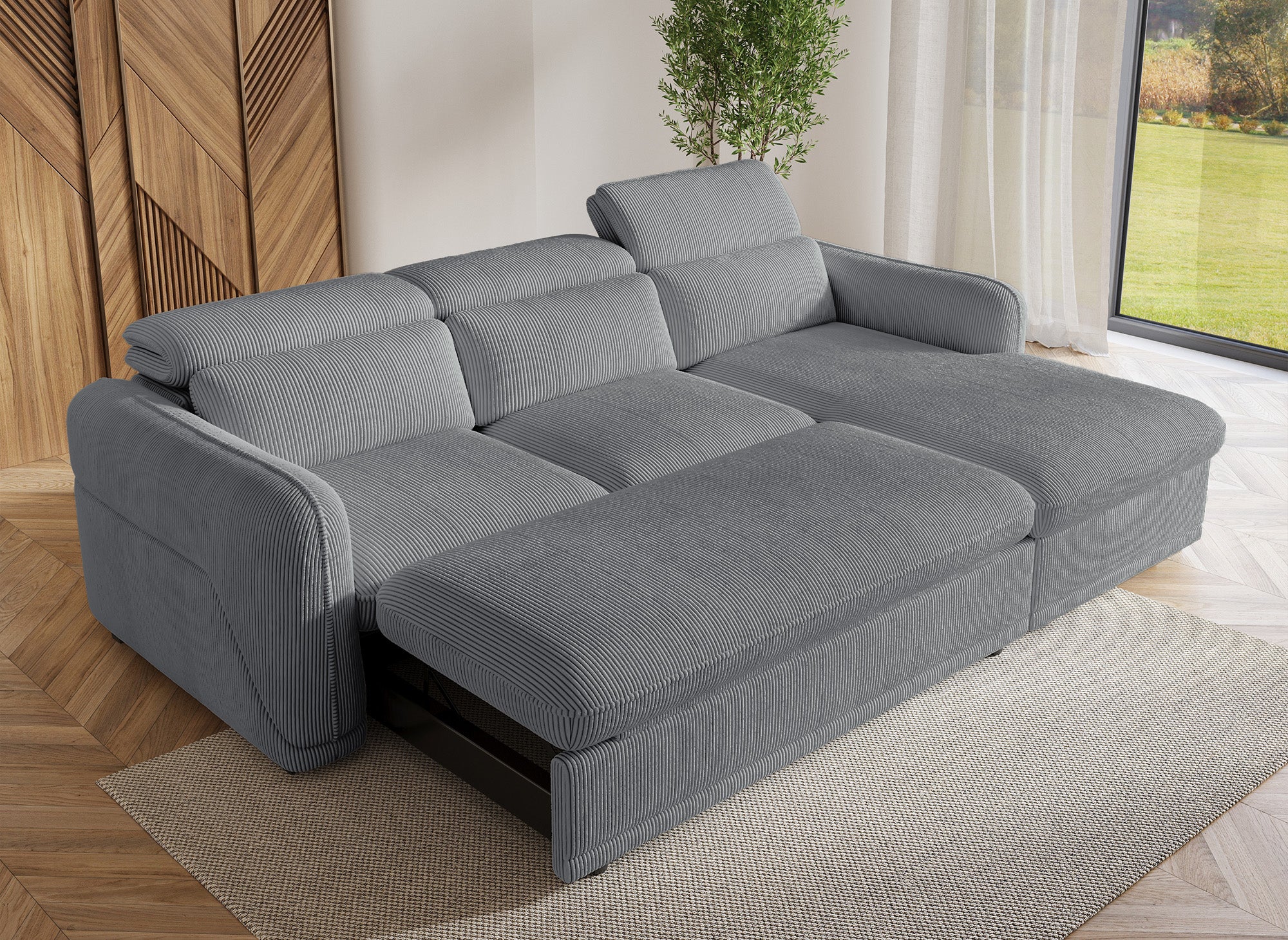 PETUNIA Eckschlafsofa mit Stauraum aus dickem, grauem Cord – rechte Ecke