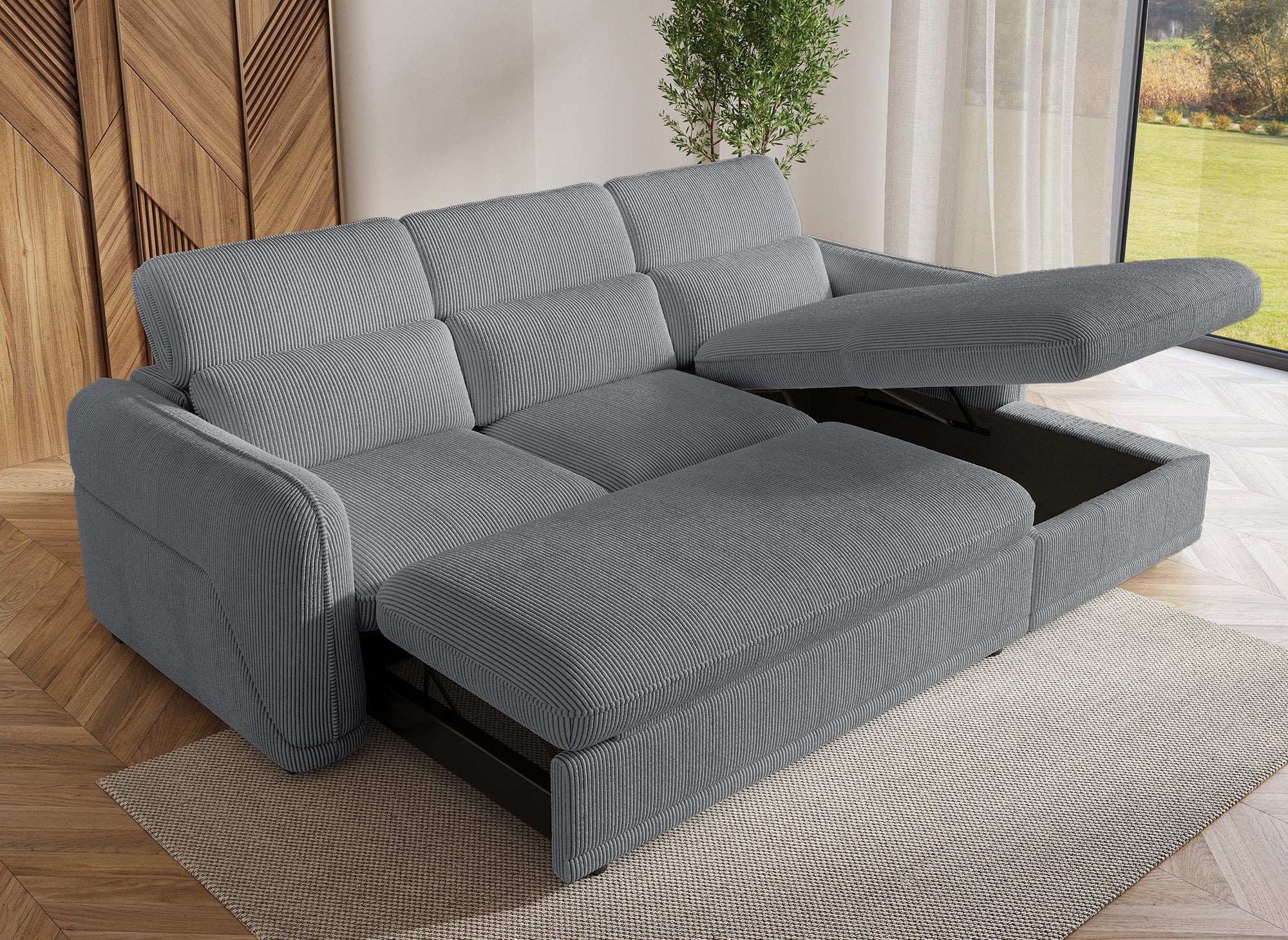 PETUNIA Eckschlafsofa mit Stauraum aus dickem, grauem Cord – rechte Ecke