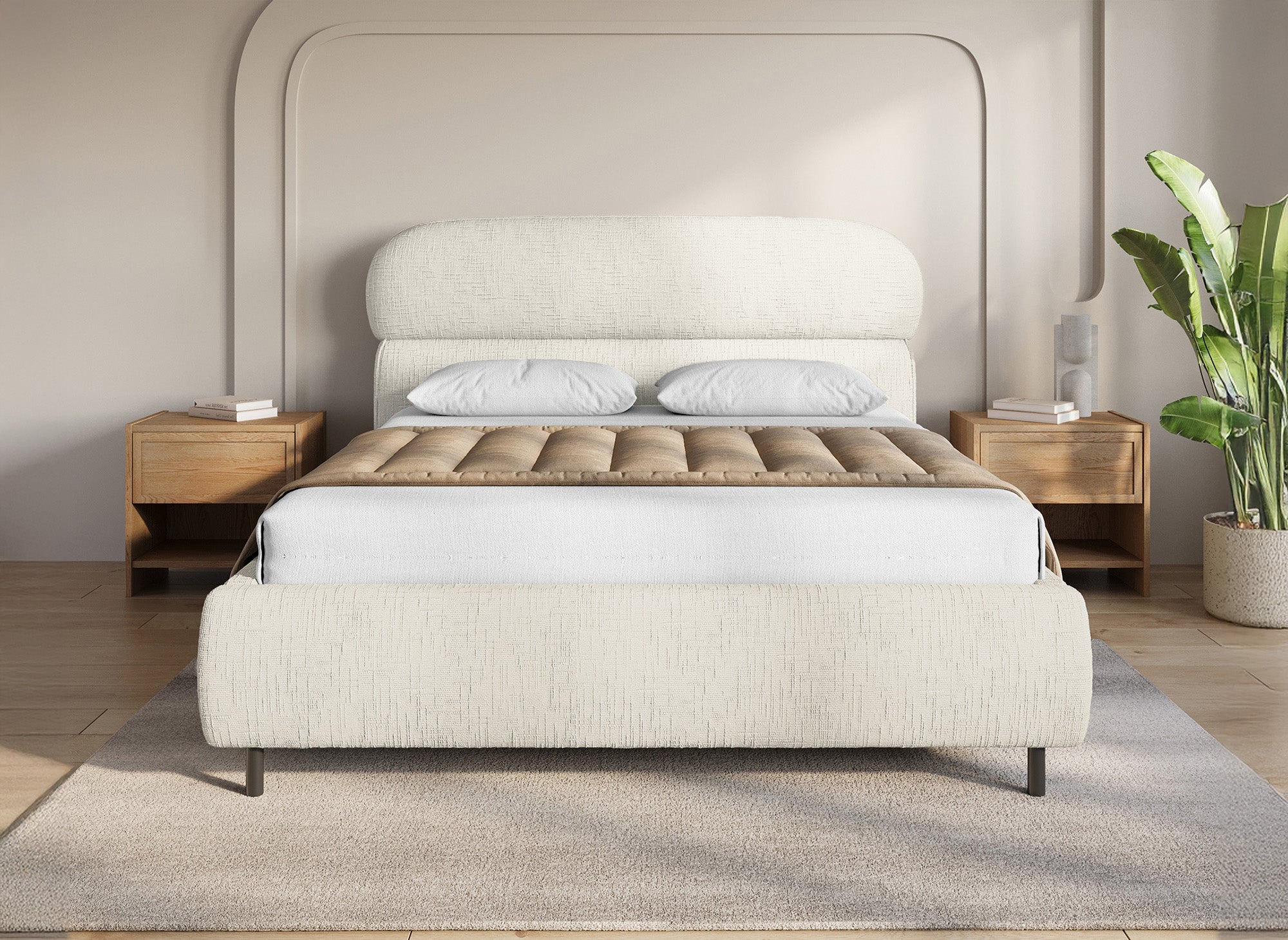 MELO Bett mit Stauraum, beige meliertes Samt, 140 x 190 cm