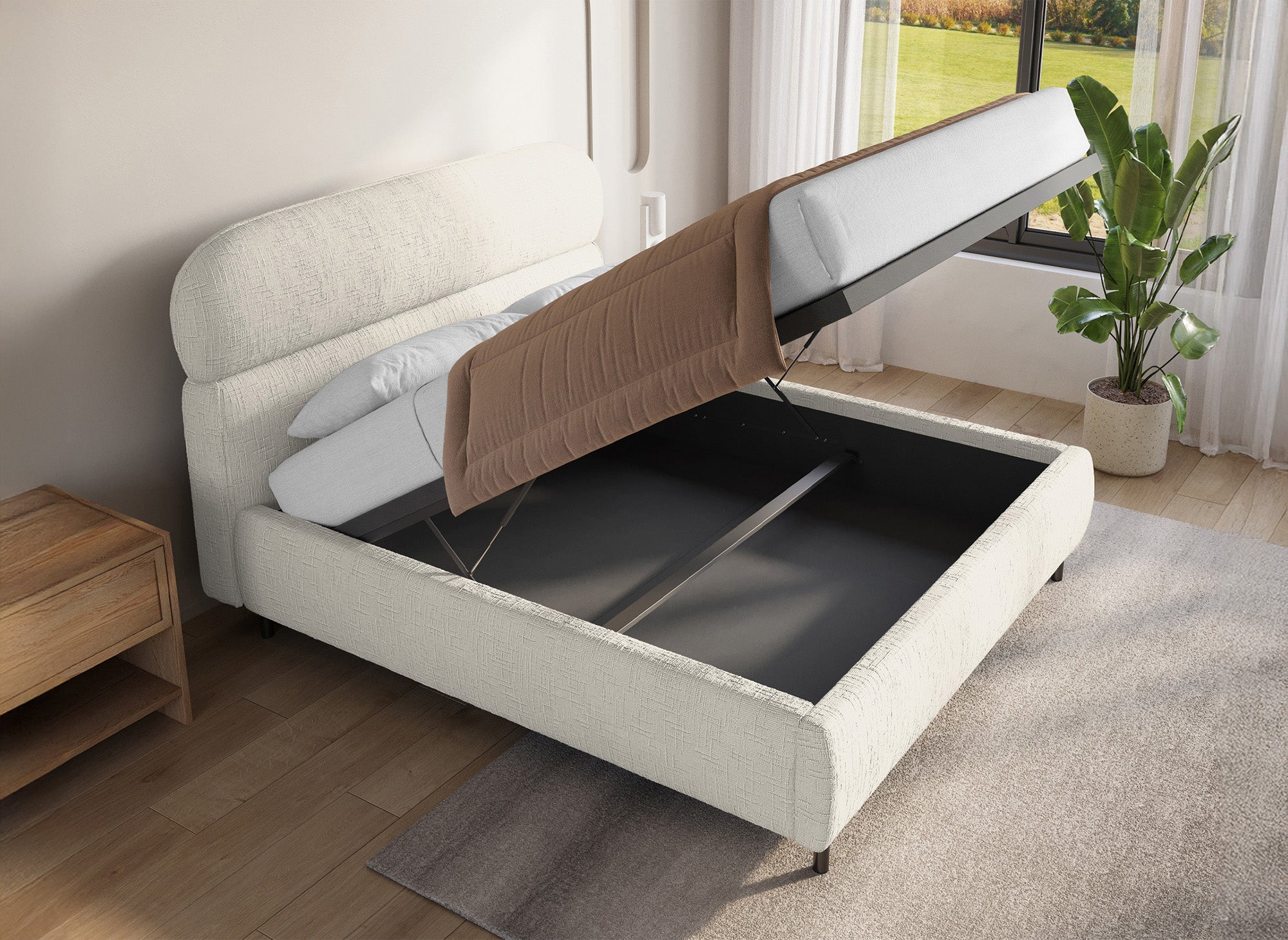 MELO Bett mit Stauraum, beige meliertes Samt, 140 x 190 cm