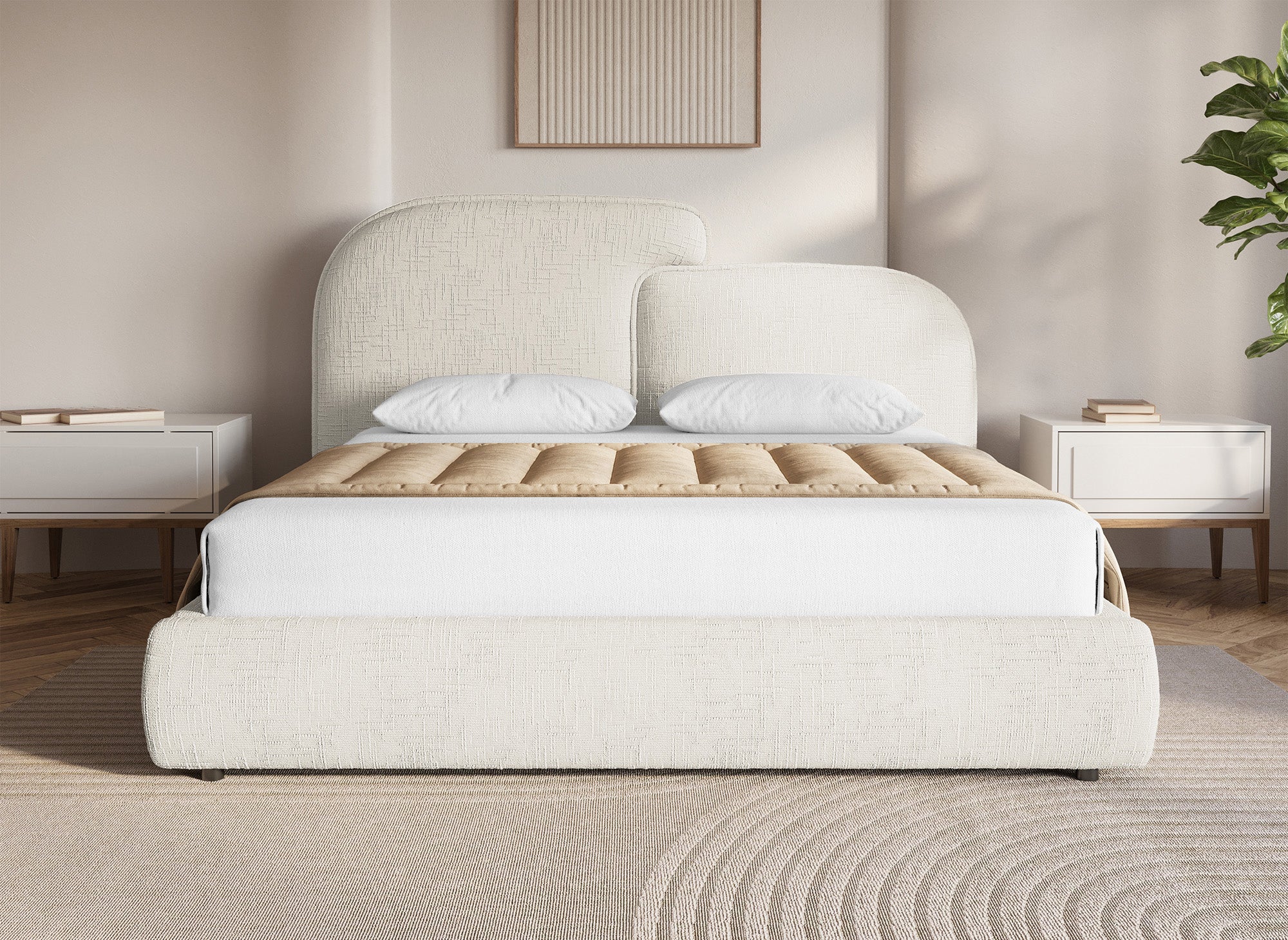 MILENA Bett mit Stauraum, beige melierter Samt, 160 x 200 cm