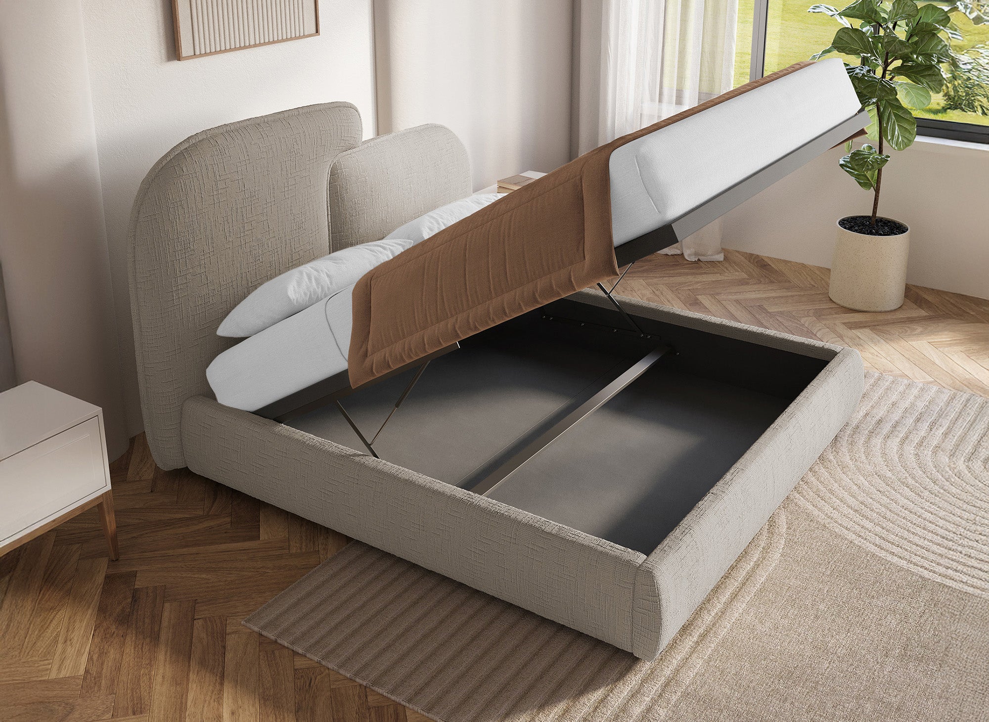 MILENA Bett mit Stauraum, 140x190 cm, taupefarben melierter Samt