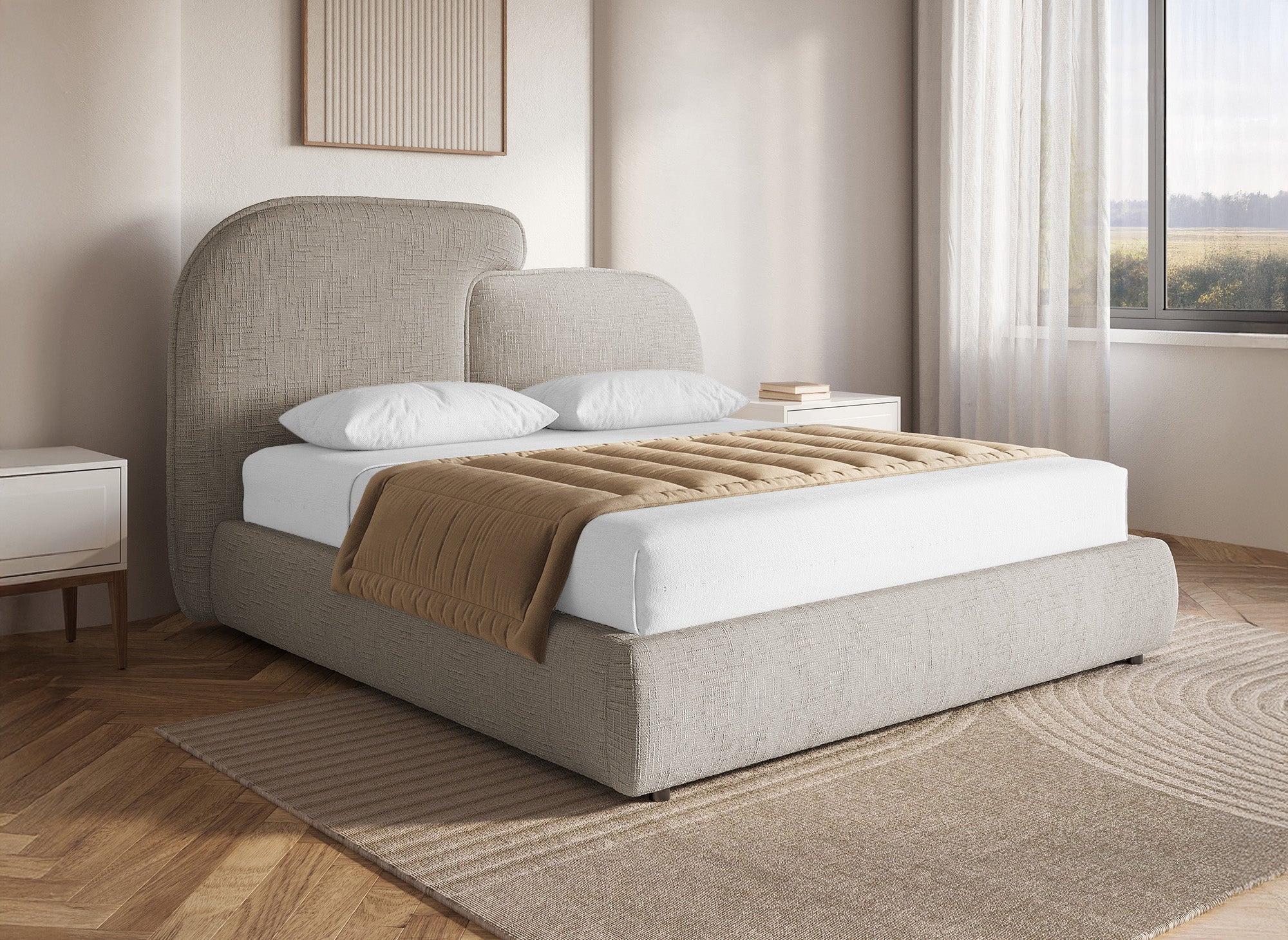 MILENA Bett mit Stauraum, 140x190 cm, taupefarben melierter Samt