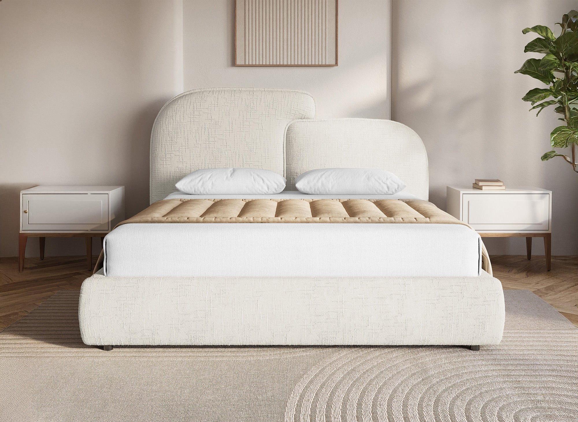 MILENA Bett mit Stauraum, beige melierter Samt, 140 x 190 cm