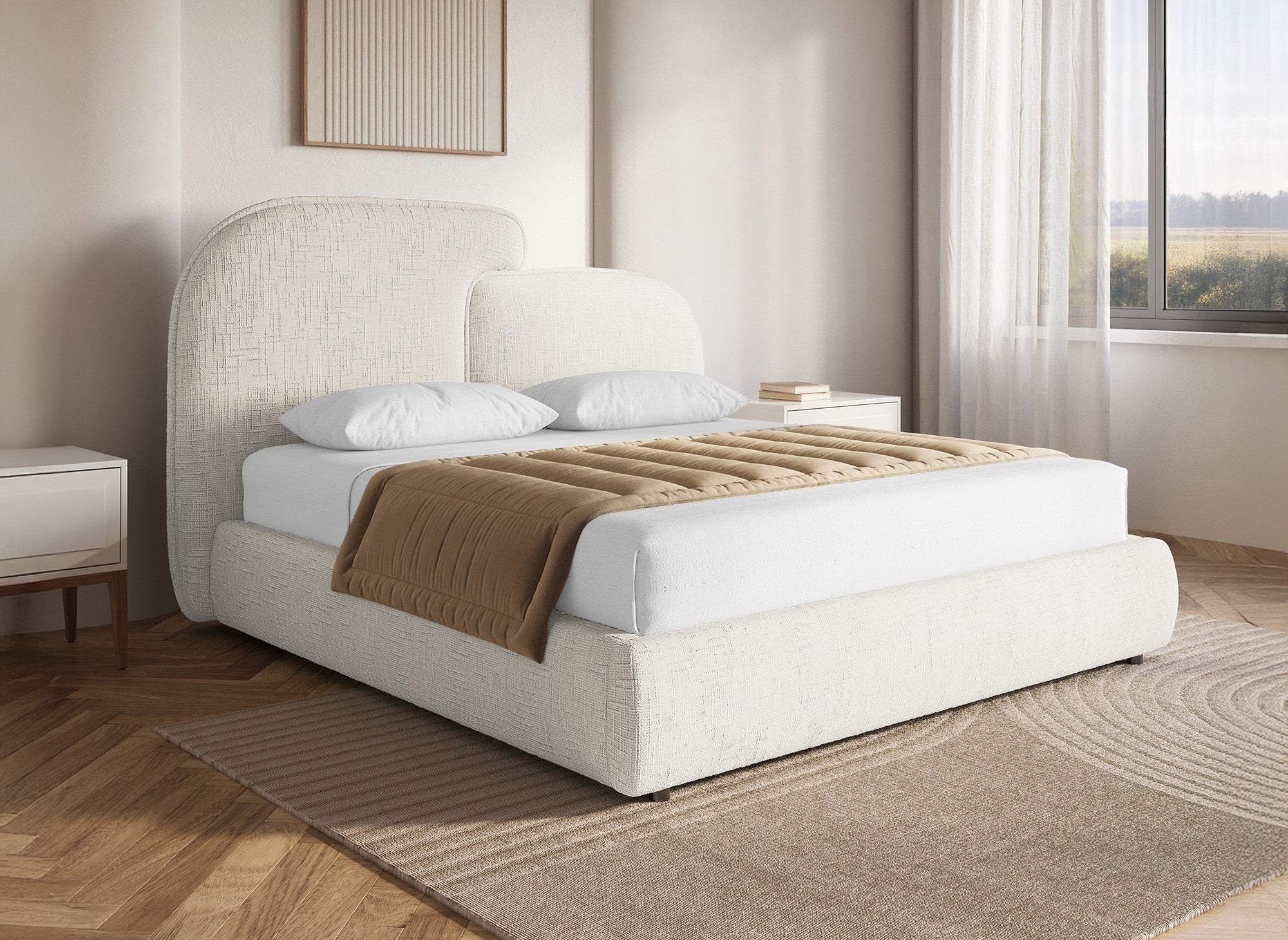 MILENA Bett mit Stauraum, beige melierter Samt, 140 x 190 cm
