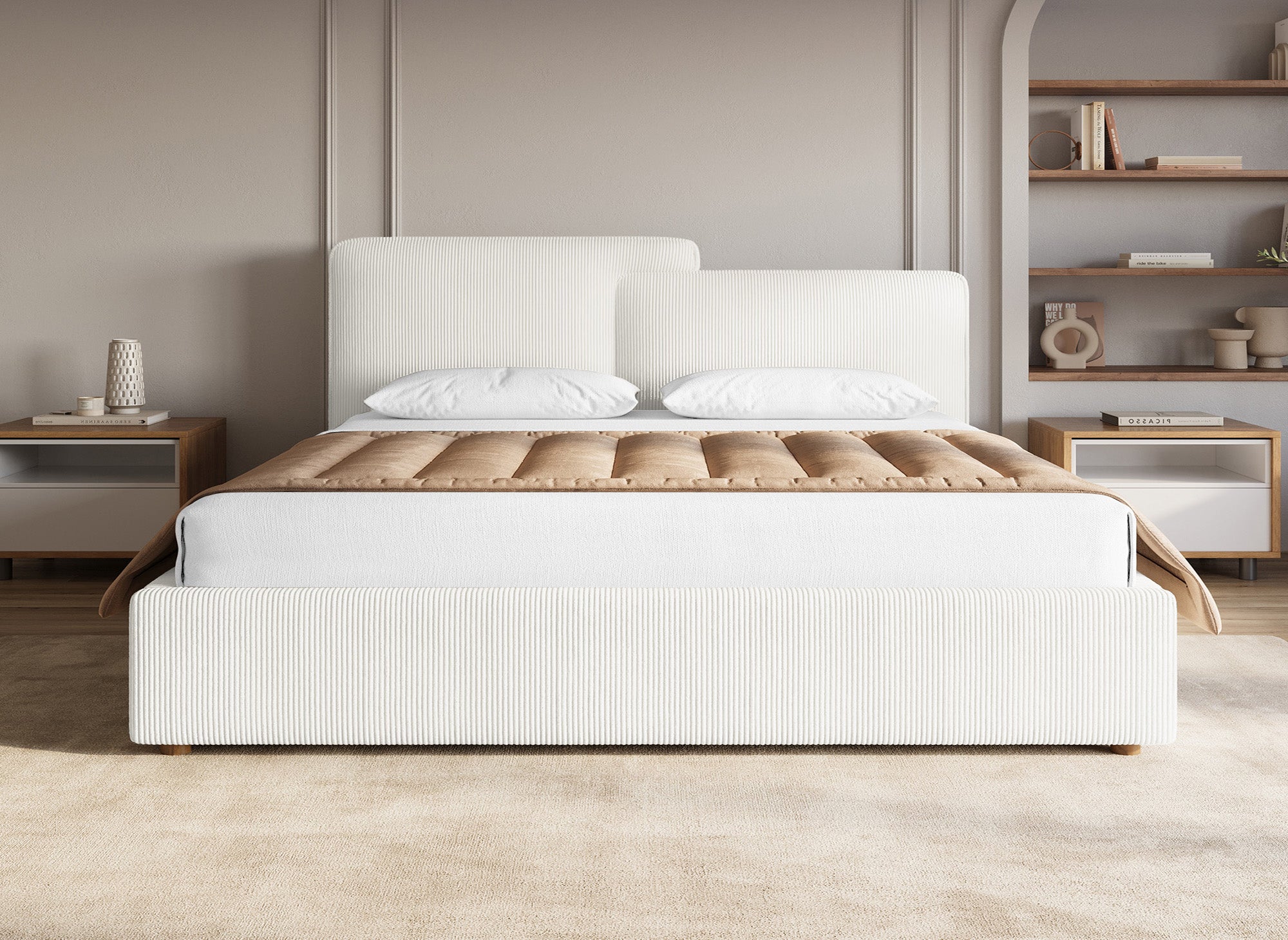 ZELIA Bett mit Stauraum aus ecrufarbenem Cord 180x200 cm