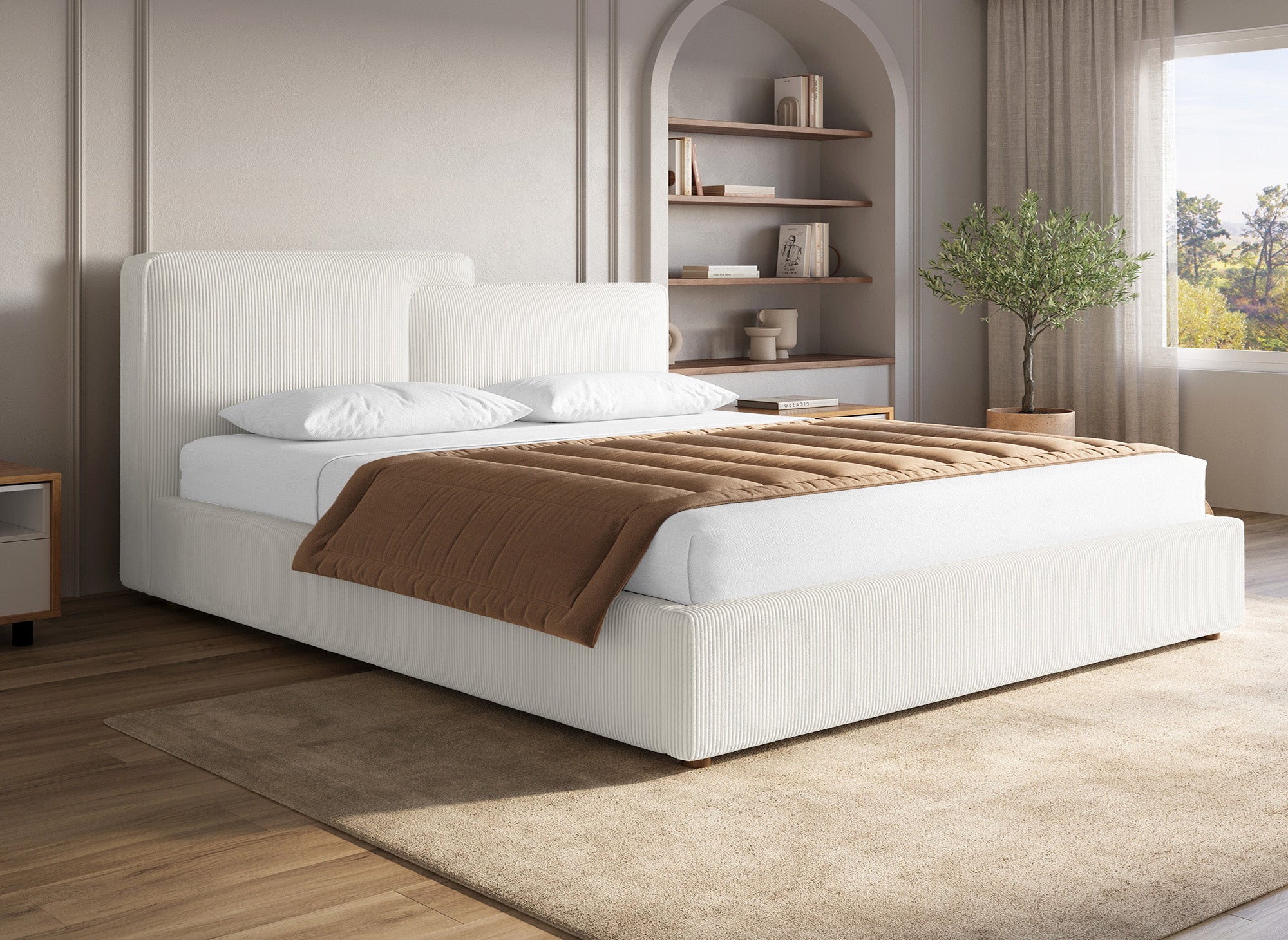 ZELIA Bett mit Stauraum aus ecrufarbenem Cord 180x200 cm