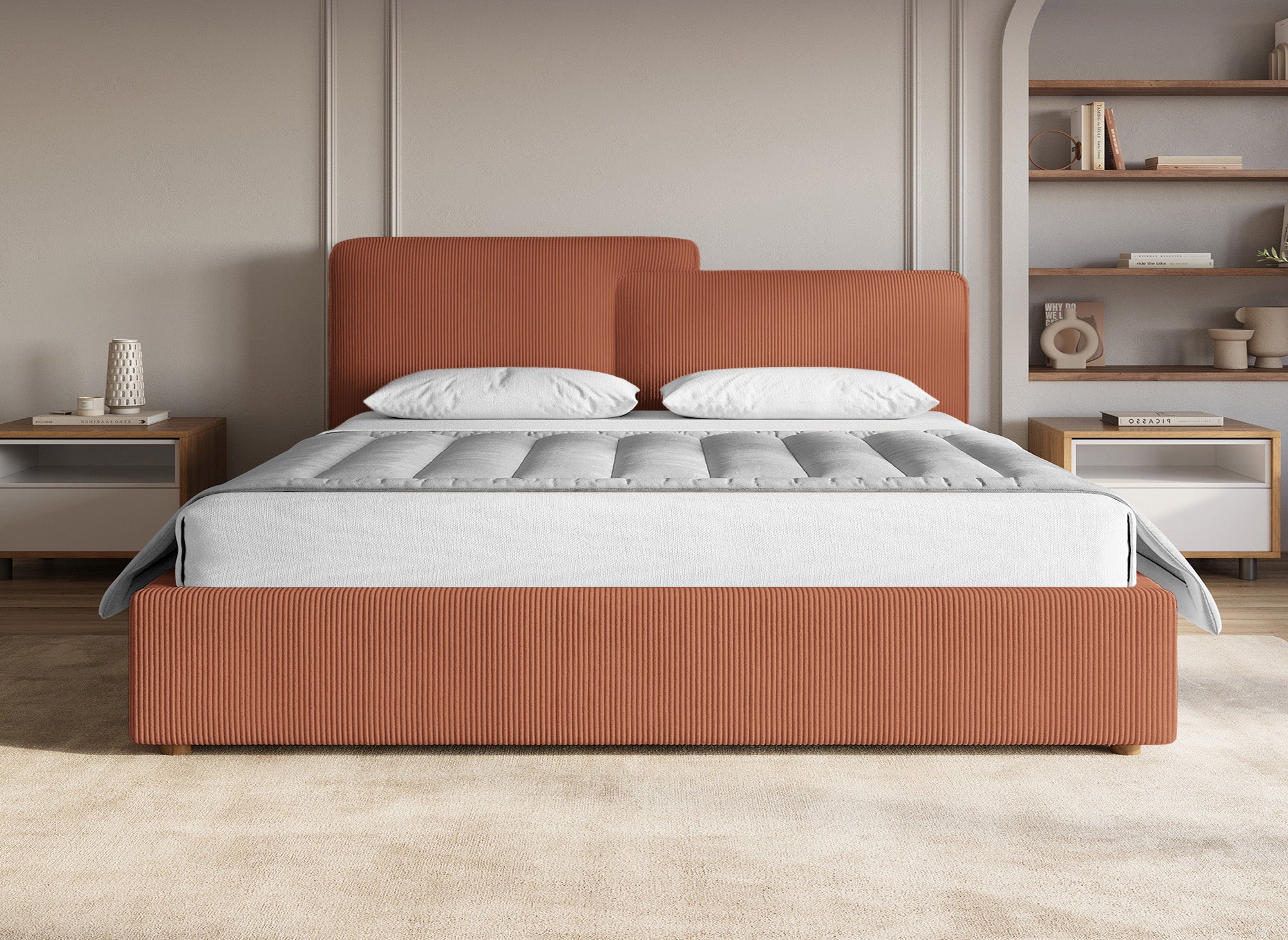 ZELIA Bett mit Stauraum aus Cord in Terrakotta 180x200 cm