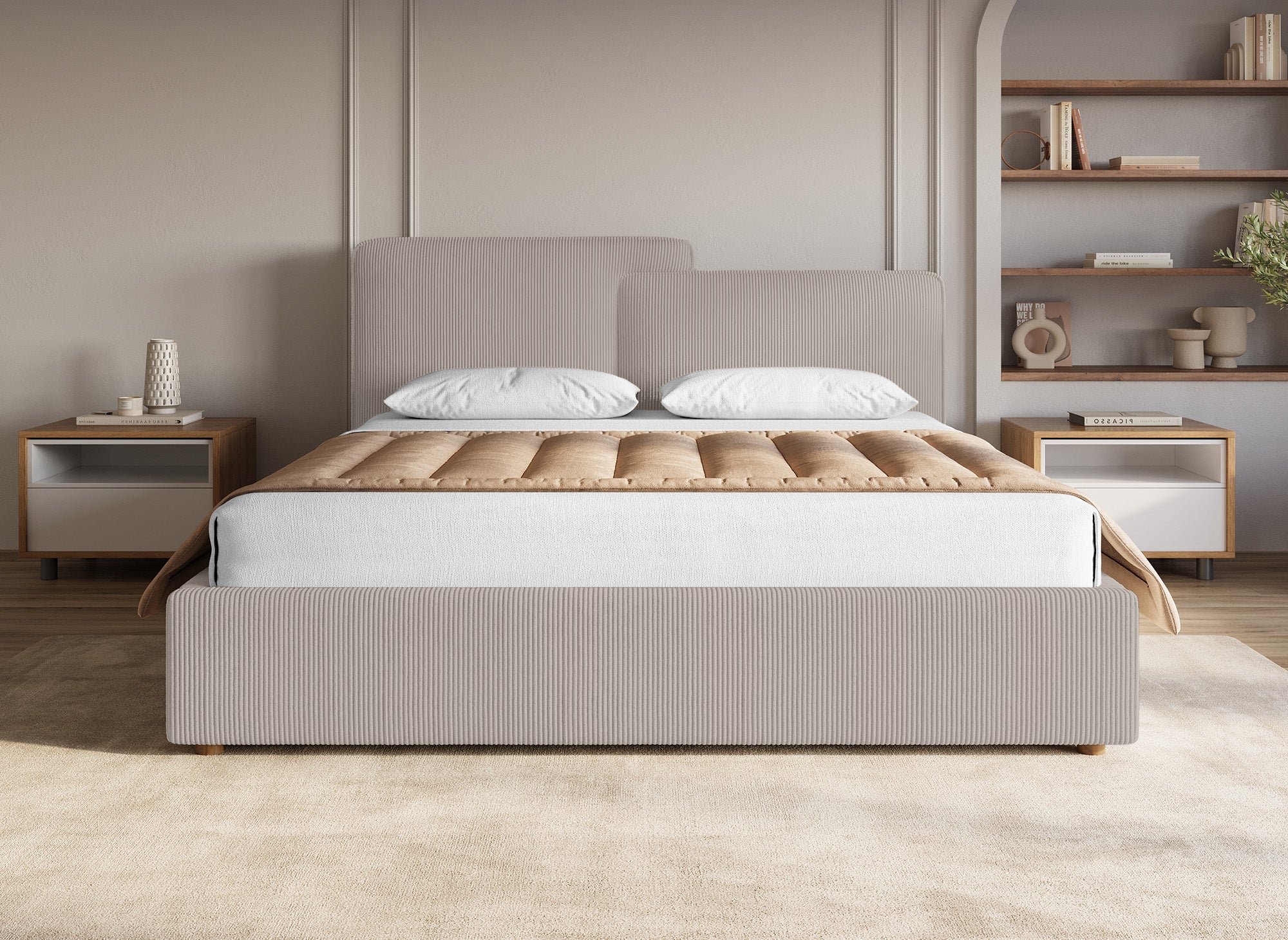 ZELIA Bett mit Stauraum aus Cord in Taupe 160x200 cm
